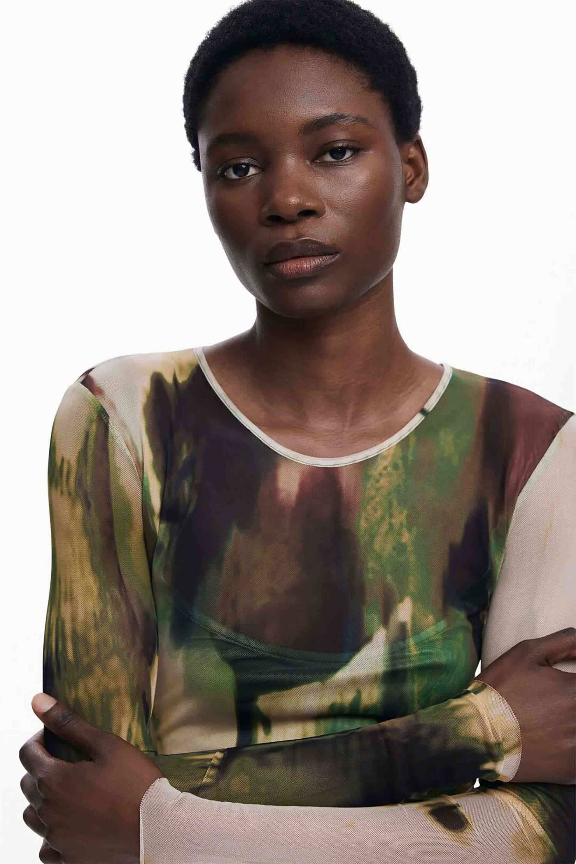 DESIGUAL Desigual γυναικείο maxi φόρεμα με arty print και διάτρητο σχέδιο Slim Fit "Godiva" - 25WWVK41 Χακί - 3