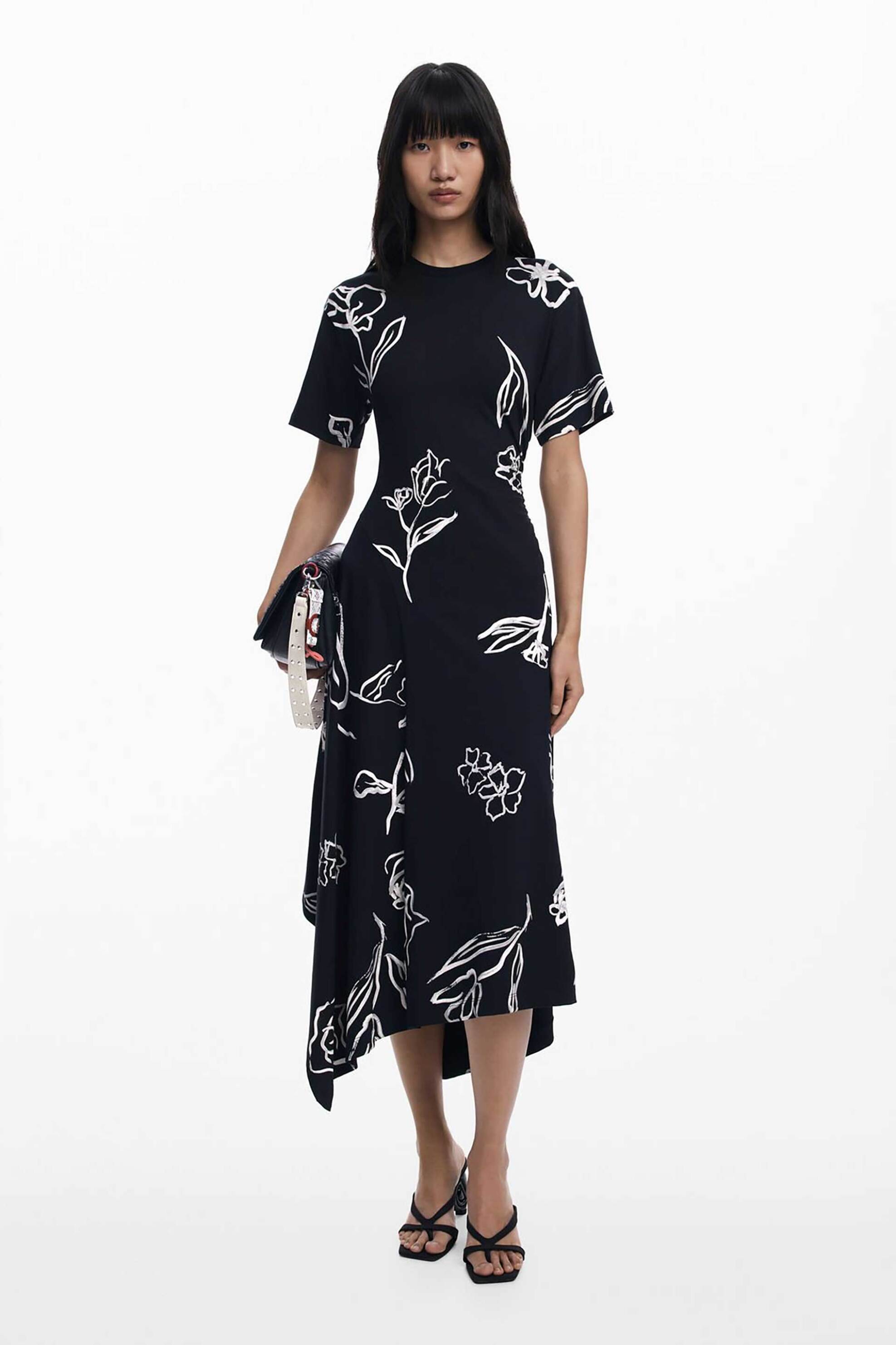 Desigual γυναικείο midi φόρεμα με floral print "Calma" - 25WWVK44 Μαύρο