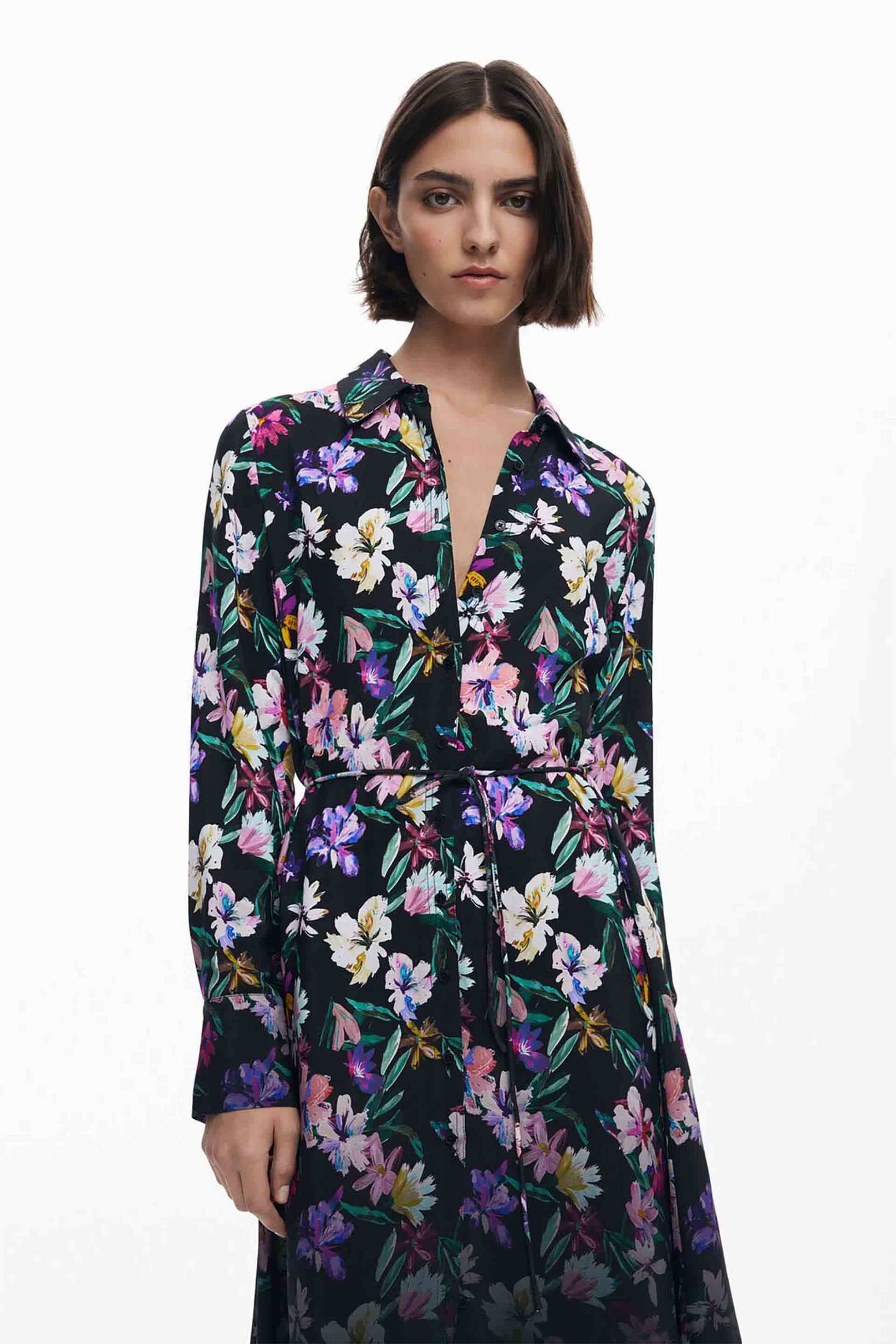 Desigual γυναικείο midi φόρεμα σεμιζιέ με ζώνη και floral print Regular Fit - 25WWVW11 Μαύρο φωτογραφία