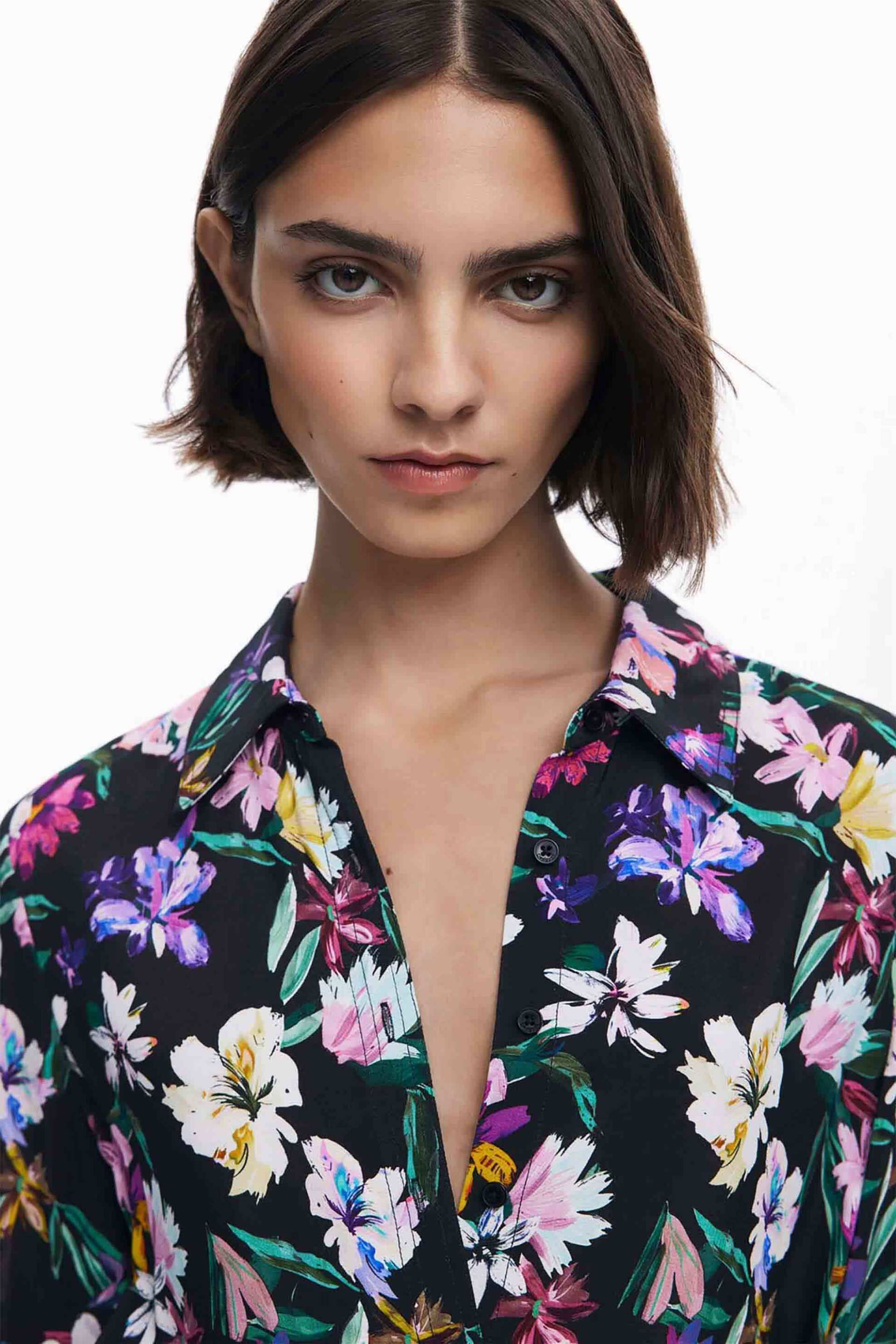 Desigual γυναικείο midi φόρεμα σεμιζιέ με ζώνη και floral print Regular Fit - 25WWVW11 Μαύρο φωτογραφία