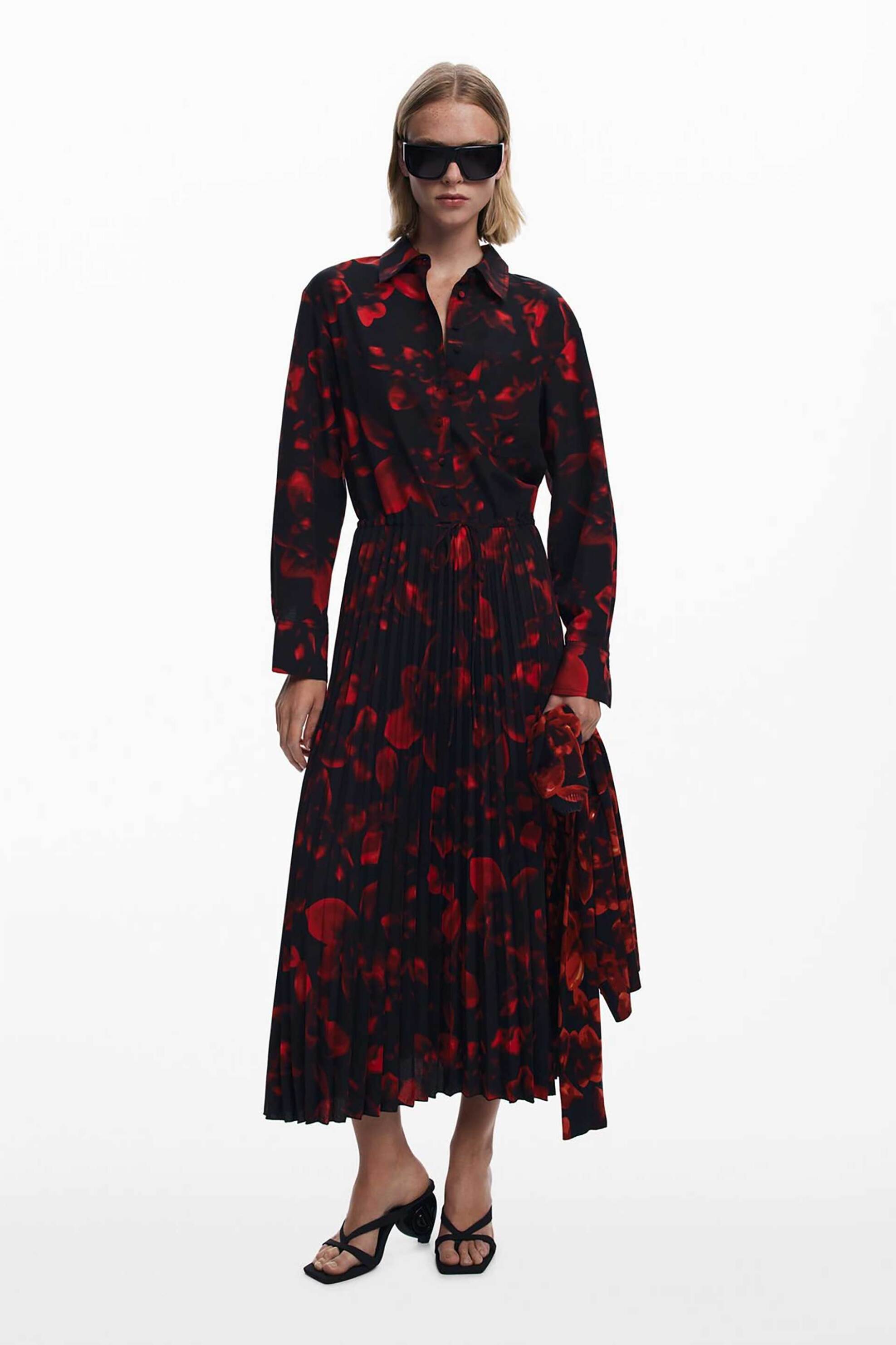 DESIGUAL Desigual γυναικείο midi φόρεμα πλισέ με ζώνη και floral print Regular Fit - 25WWVW16 Μαύρο - Κόκκινο