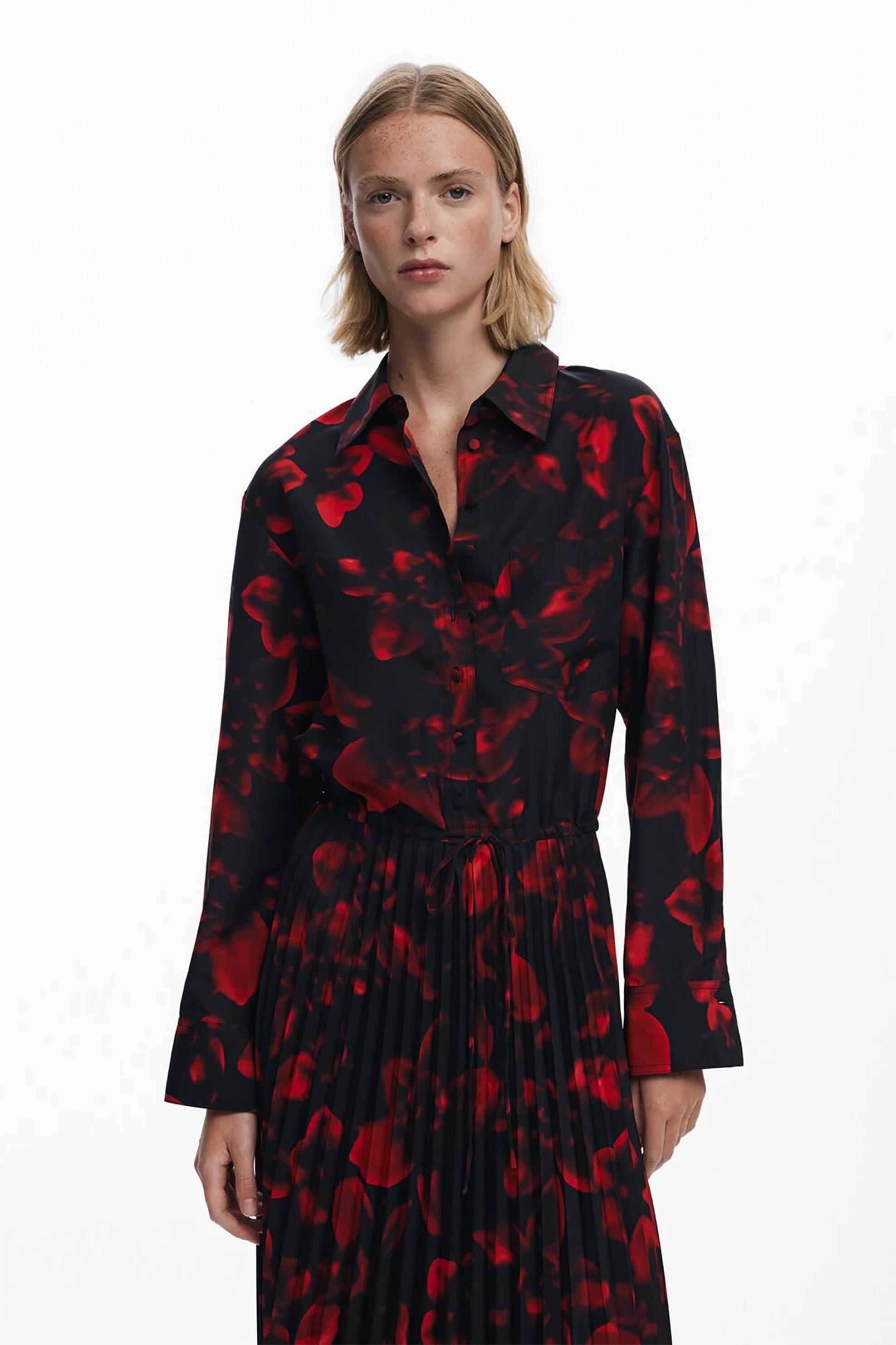 Desigual γυναικείο midi φόρεμα πλισέ με ζώνη και floral print Regular Fit - 25WWVW16 Μαύρο - Κόκκινο φωτογραφία