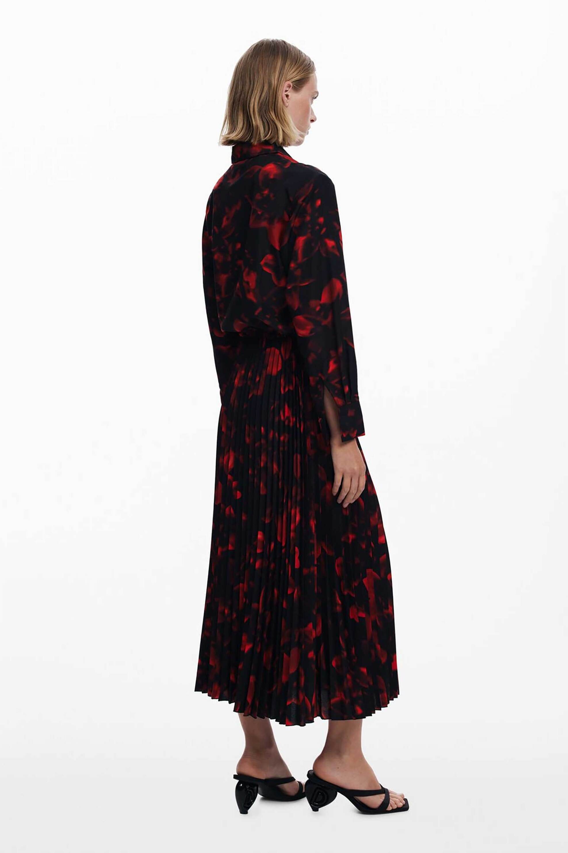 Desigual γυναικείο midi φόρεμα πλισέ με ζώνη και floral print Regular Fit - 25WWVW16 Μαύρο - Κόκκινο φωτογραφία