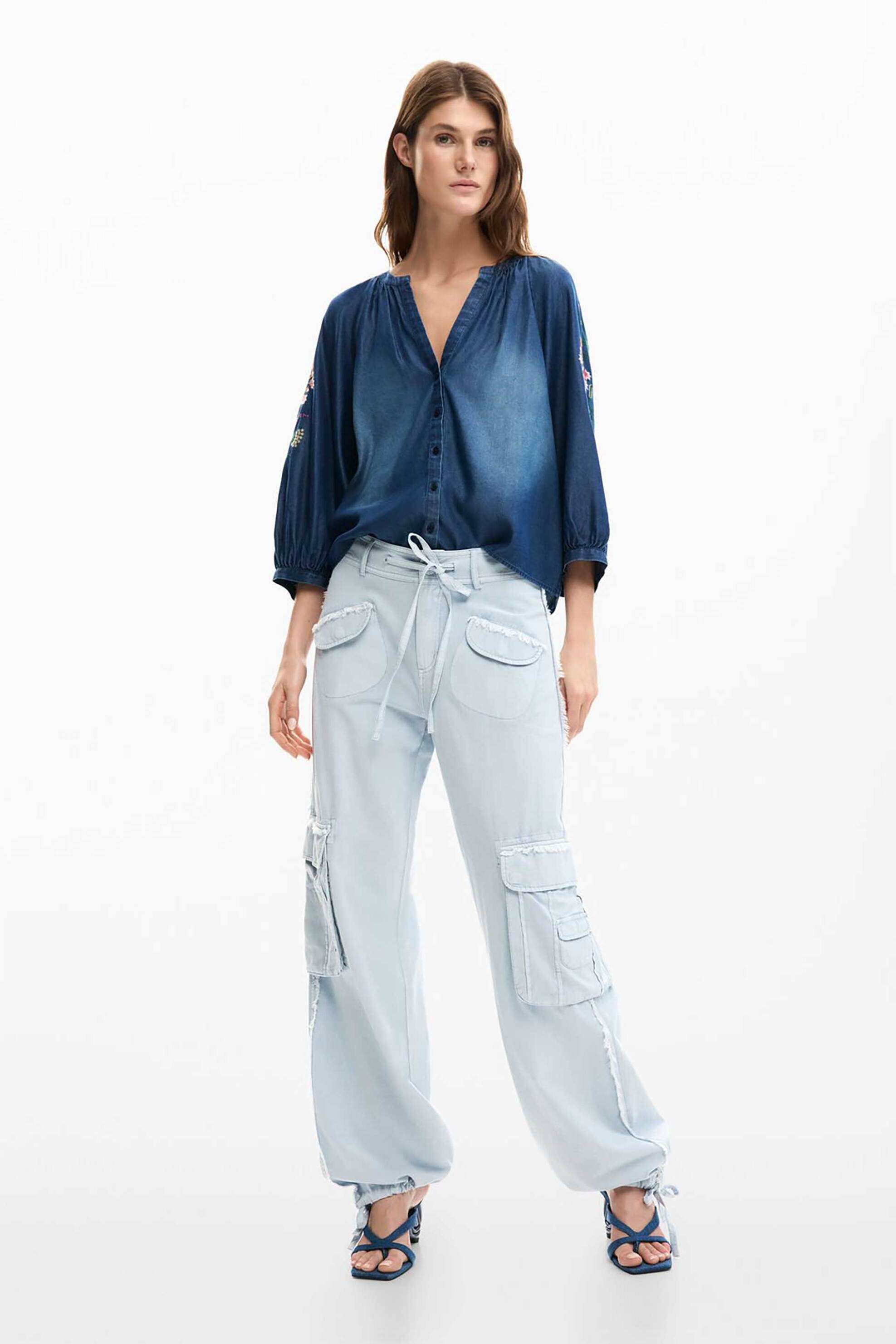 Desigual γυναικείo denim πουκάμισο με tropical print "Blus Chambre" - 26SWBW16 Denim Blue φωτογραφία