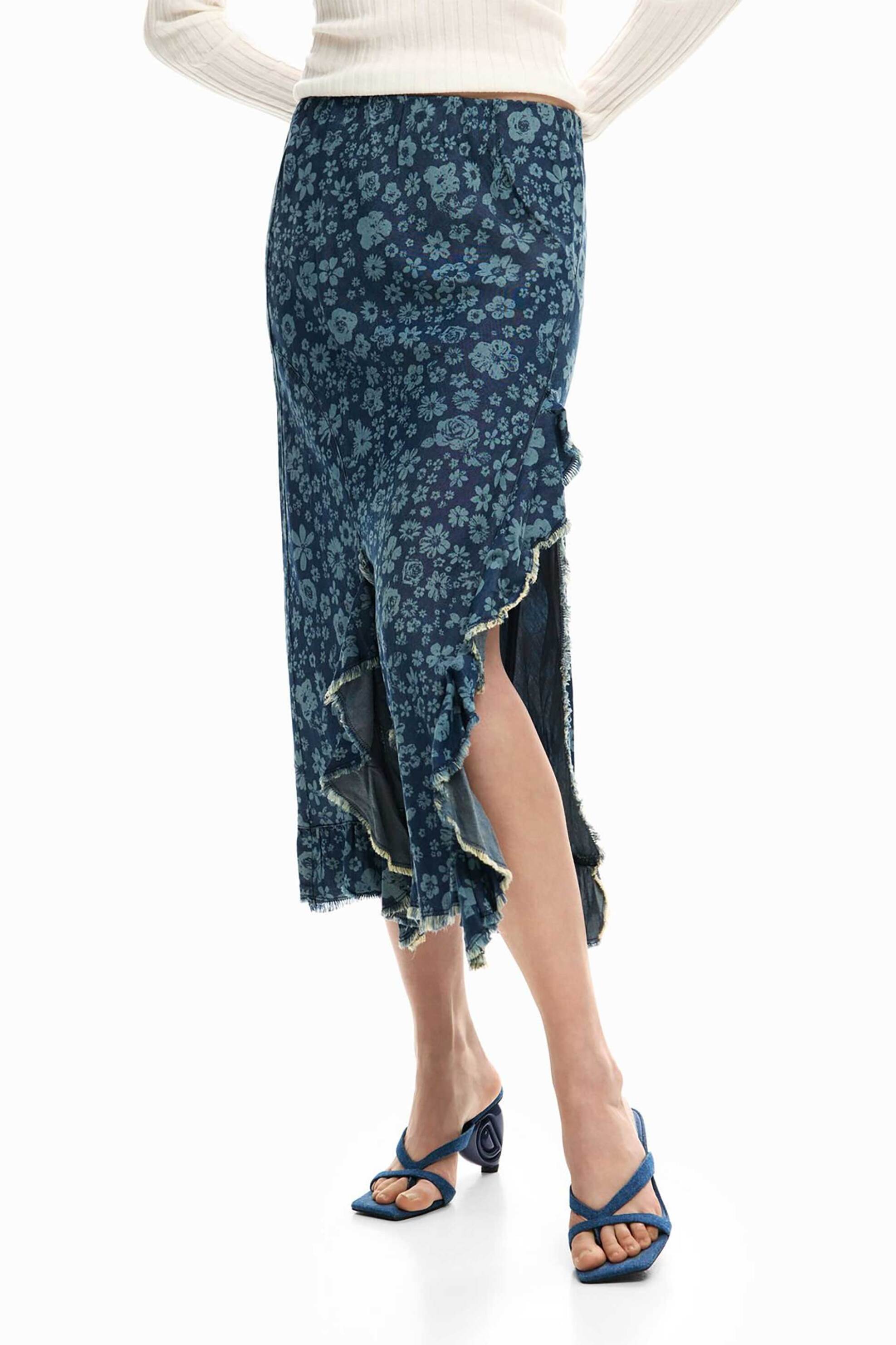 DESIGUAL Desigual γυναικεία midi φούστα denim με floral print "Anem" - 26SWFW04 Denim Blue - 2