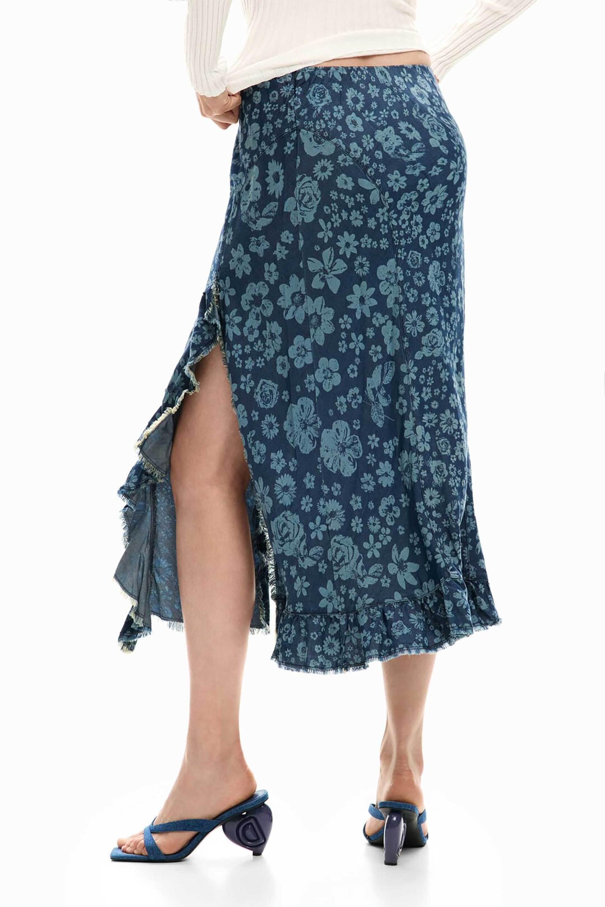 DESIGUAL Desigual γυναικεία midi φούστα denim με floral print "Anem" - 26SWFW04 Denim Blue - 3