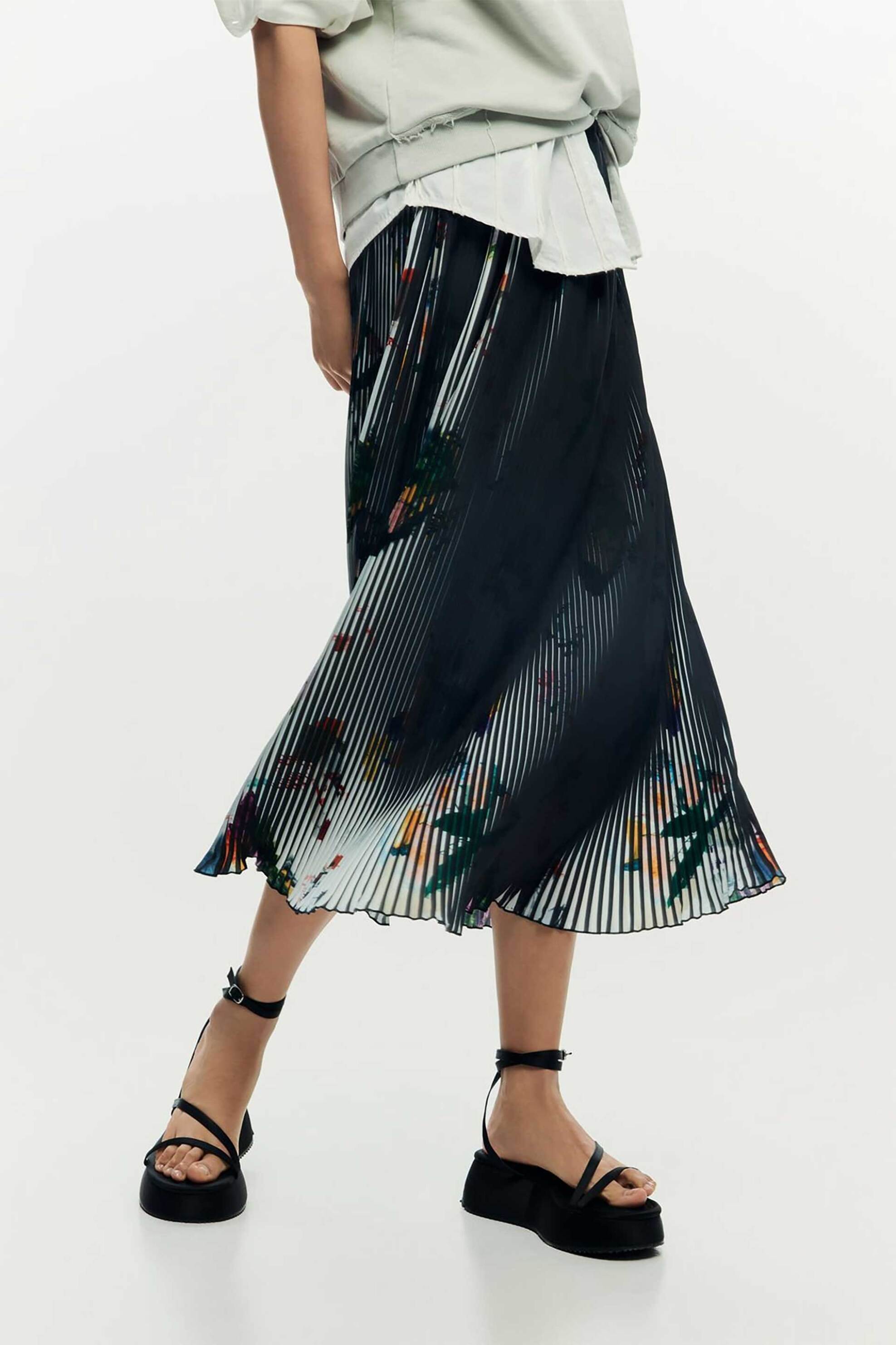 DESIGUAL Desigual γυναικεία midi φούστα με arty print "Plis" - 26SWFW14 Μαύρο - 2