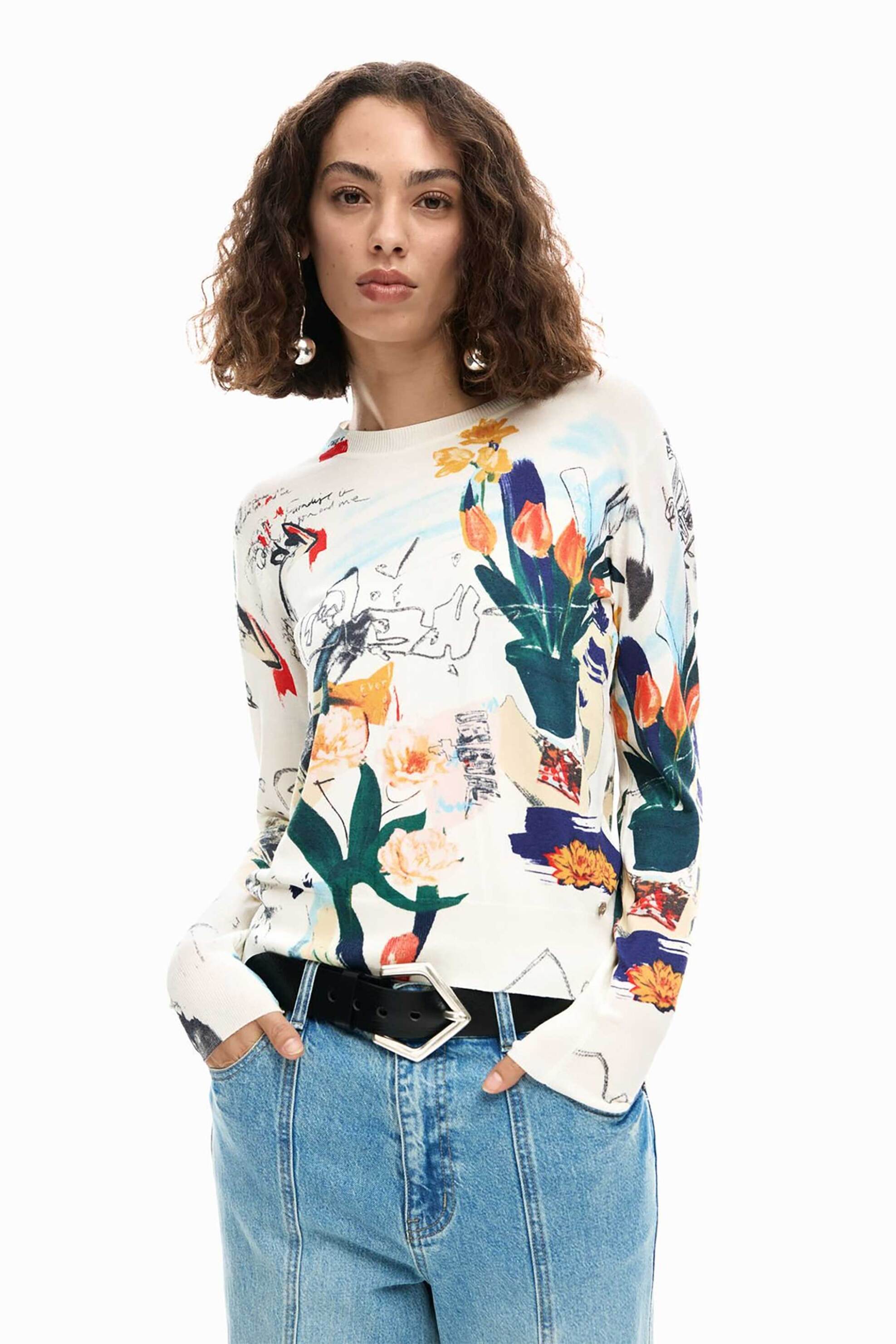 Desigual γυναικείo λεπτό πουλόβερ με floral print Regular Fit "Nantes" by Christian Lacroix - 26SWJF35 Λευκό
