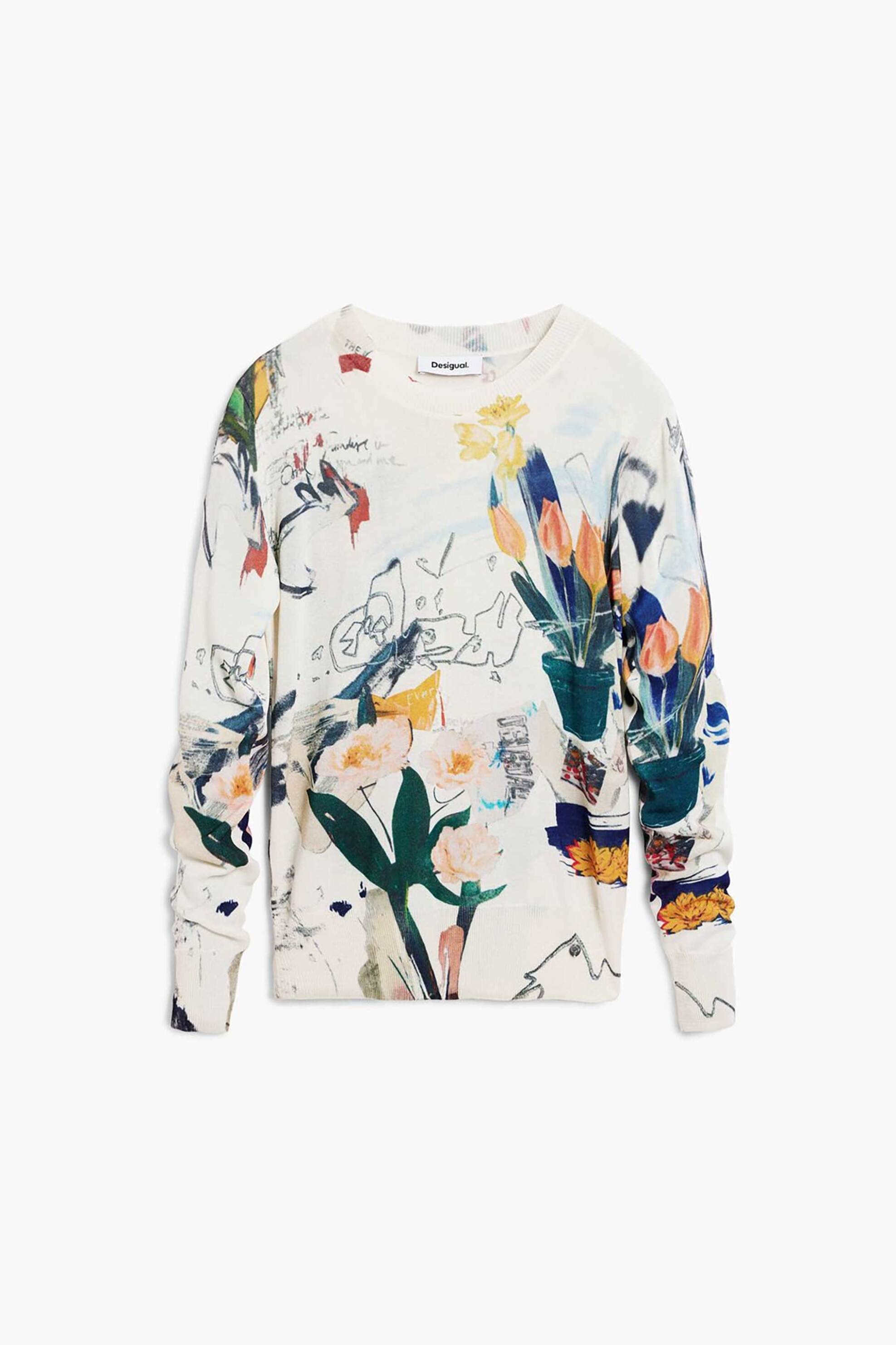 Desigual Γυναικείo Λεπτό Πουλόβερ με Floral Print Regular Fit Nantes By Christian Lacroix - 26Swjf35 Λευκό