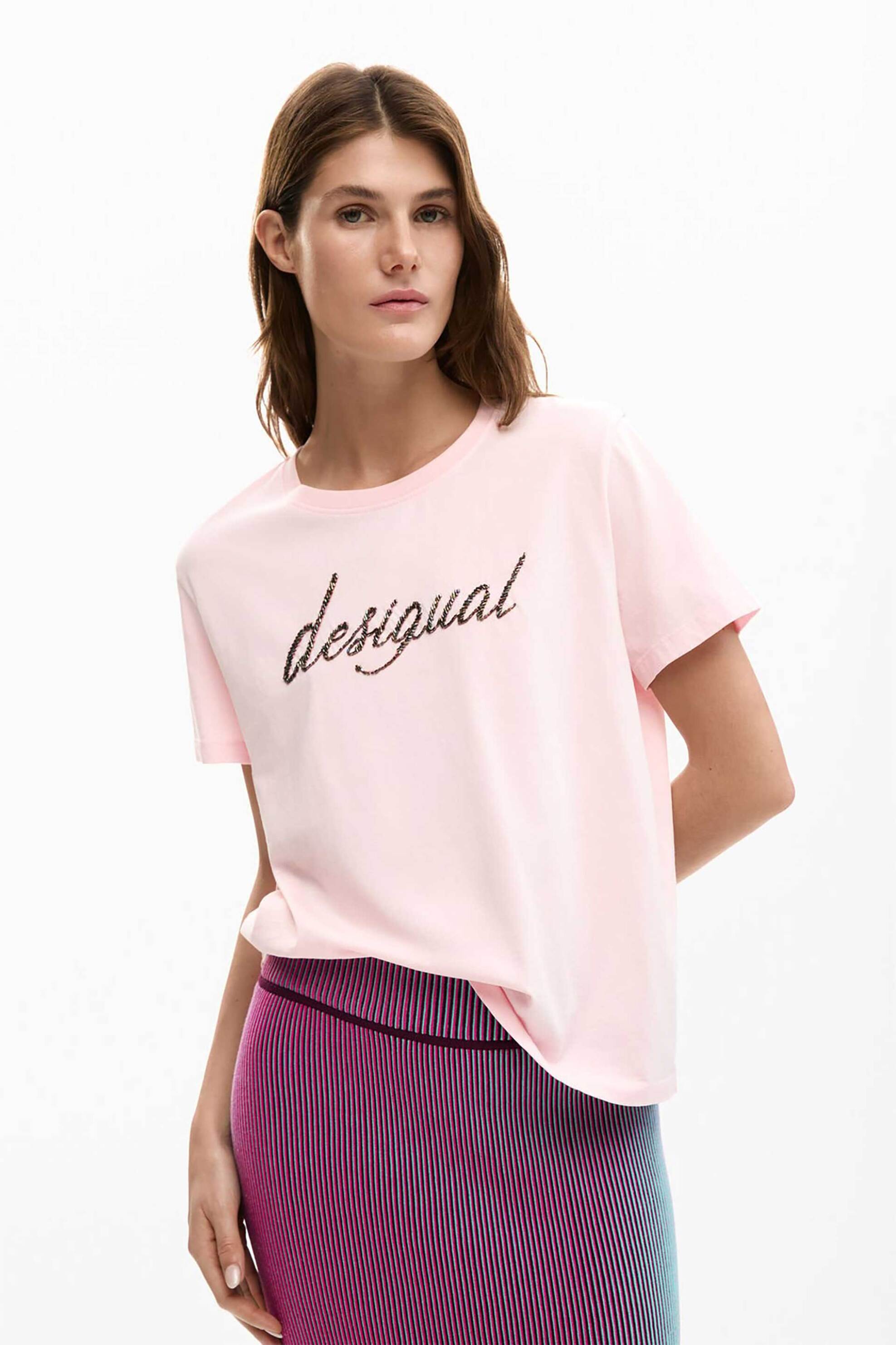 Desigual γυναικείo T-shirt και λογότυπο με στρας Regular Fit "Varsovia" - 26SWTK08 Γκρι