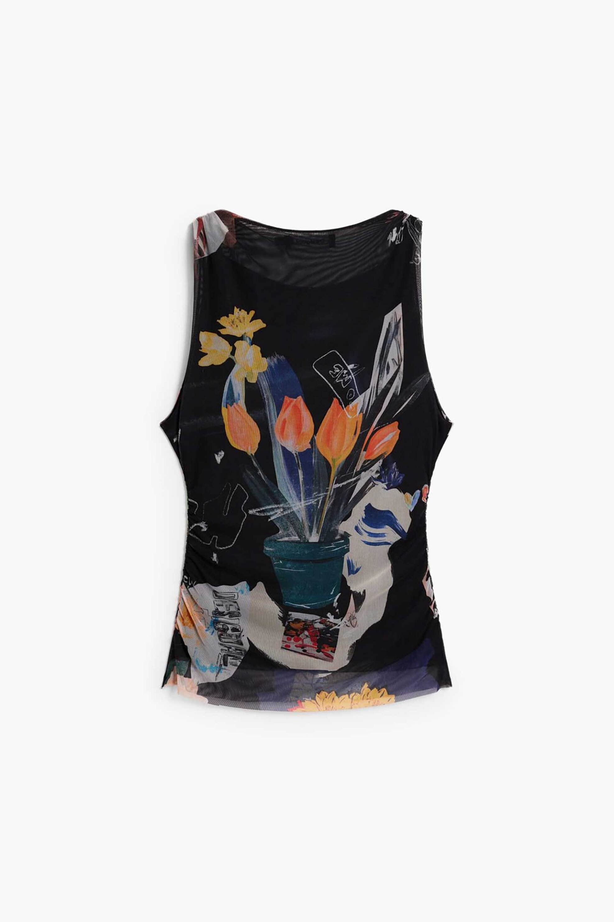 Desigual Γυναικείο Τοπ Αμάνικο με All-Over Tropical Print Bruselas - 26Swtk14 Μαύρο