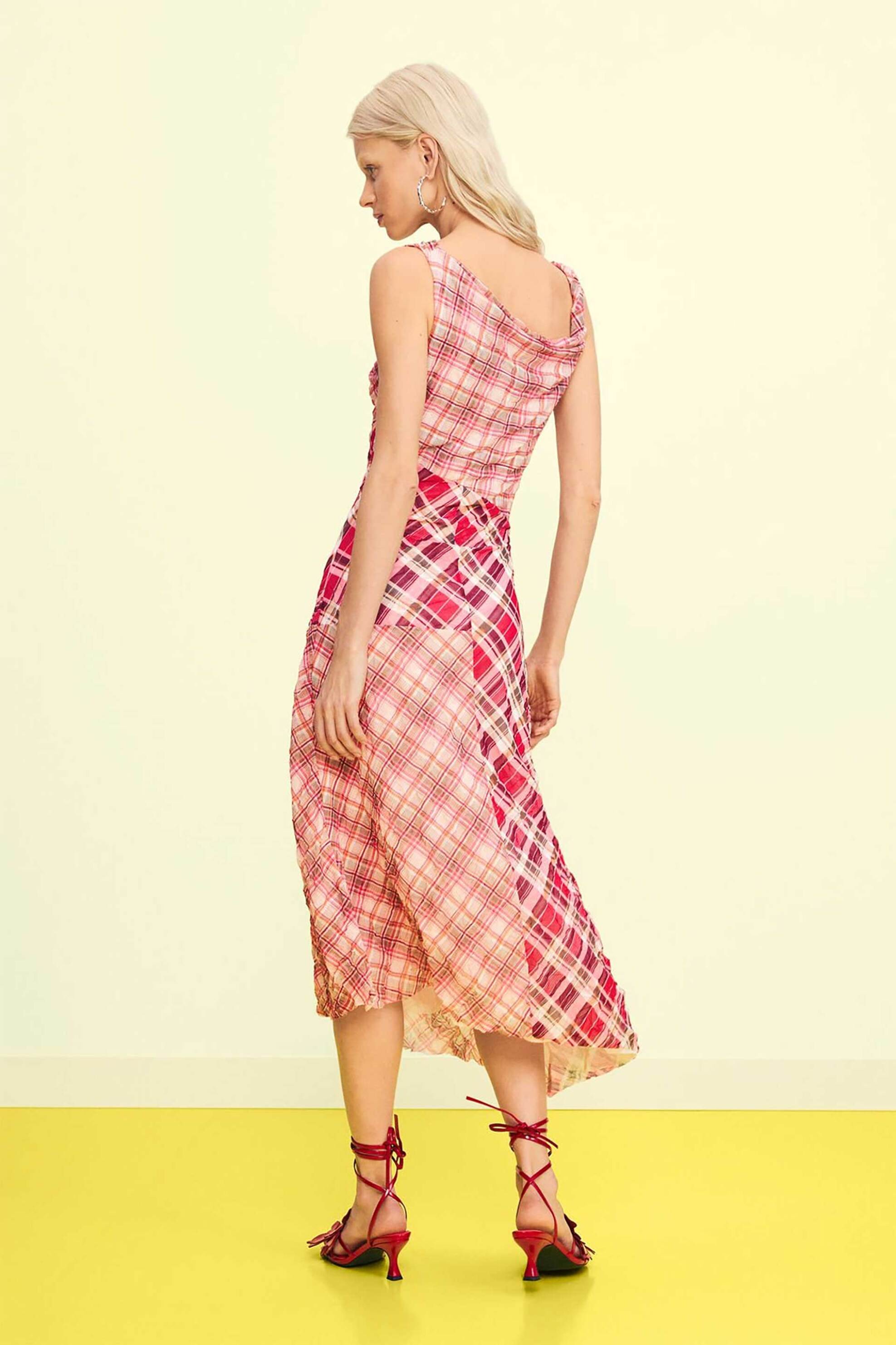 DESIGUAL Desigual γυναικείο midi αμάνικο φόρεμα με καρό σχέδιο Regular Fit "Arizona" - 26SWVK08 Ροζ - 3