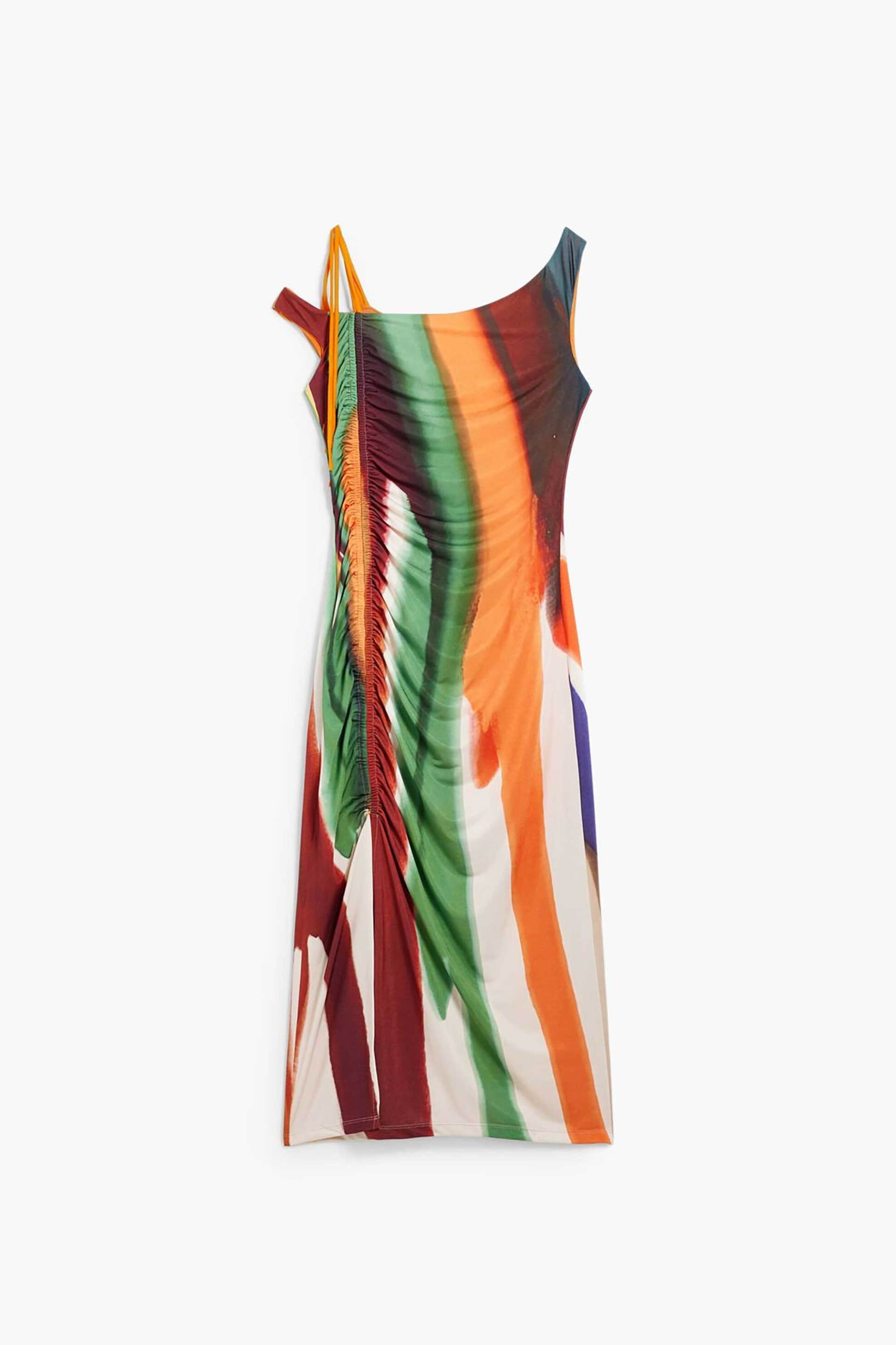 Desigual Γυναικείο Midi Φόρεμα με Ριγέ Σχέδιο Και Off-Shoulder Slim Fit Paint By Christian Lacroix - 26Swvk17 Λευκό
