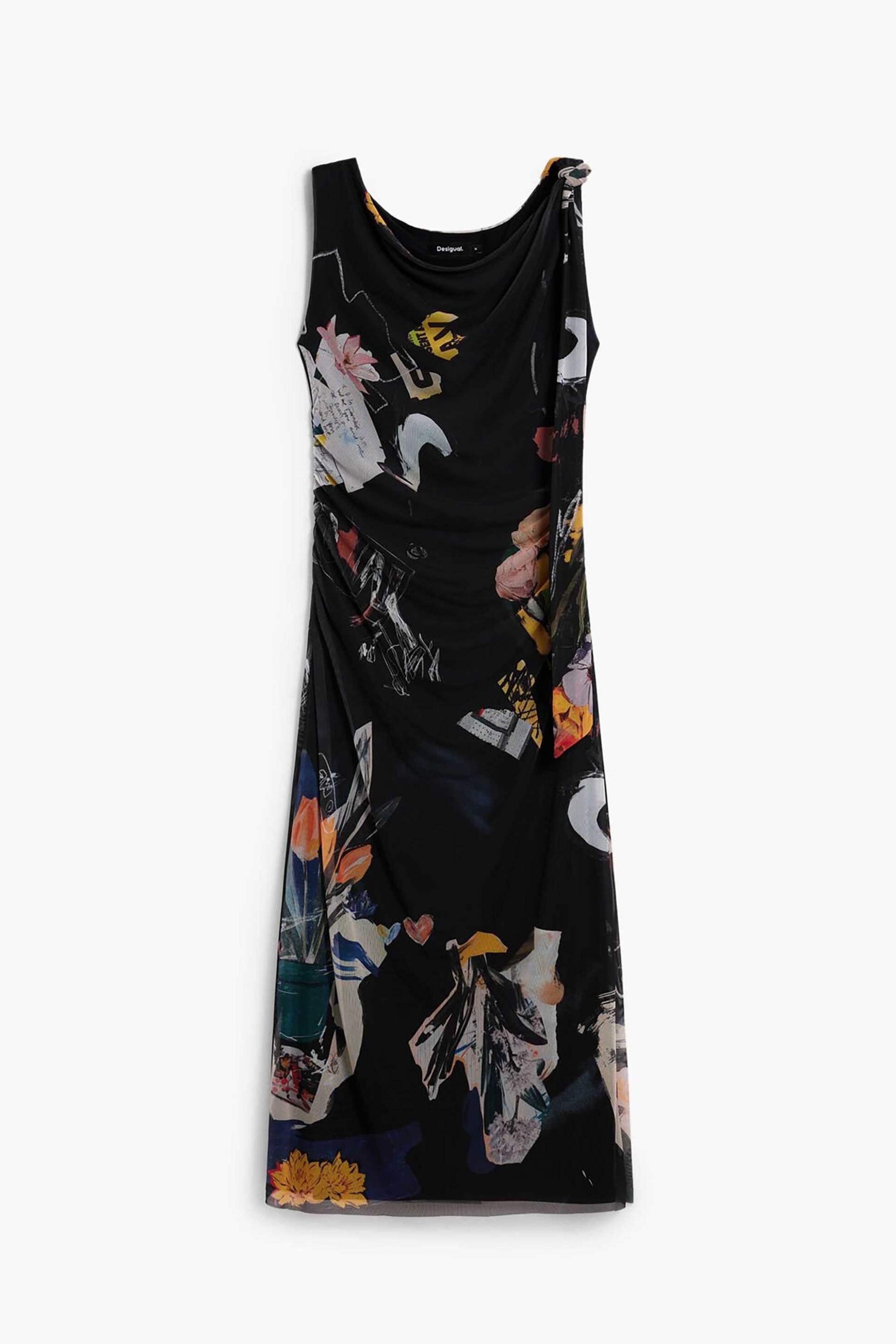 Desigual Γυναικείο Midi Αμάνικο Φόρεμα με Off-Shoulder Σχέδιο Και All-Over Print Regular Fit Delaware - 26Swvk29 Μαύρο