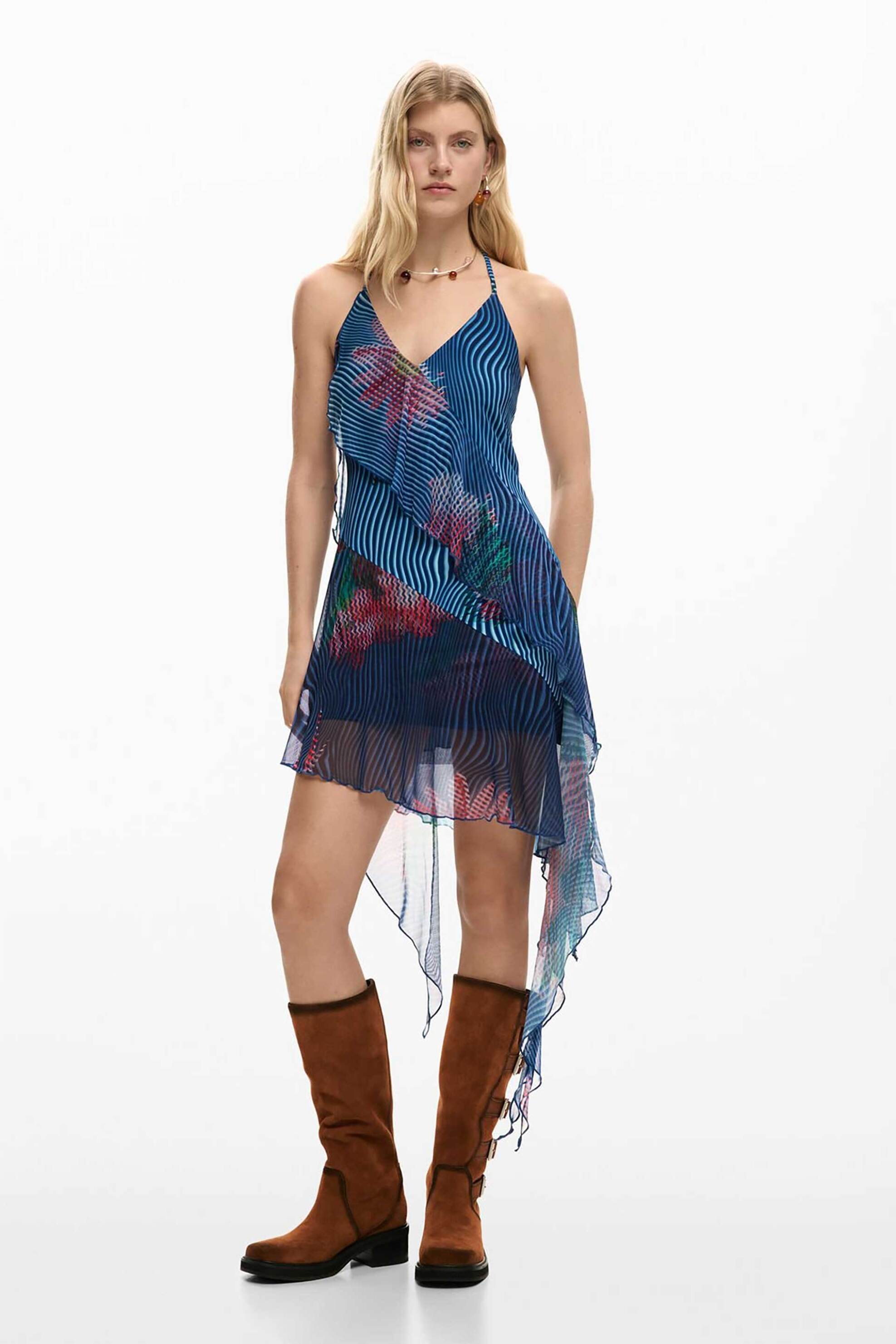 Desigual γυναικείο mini αμάνικο φόρεμα με all-over print και ασύμμετρο τελείωμα "Nora" - 26SWVK36 Μπλε Σκούρο