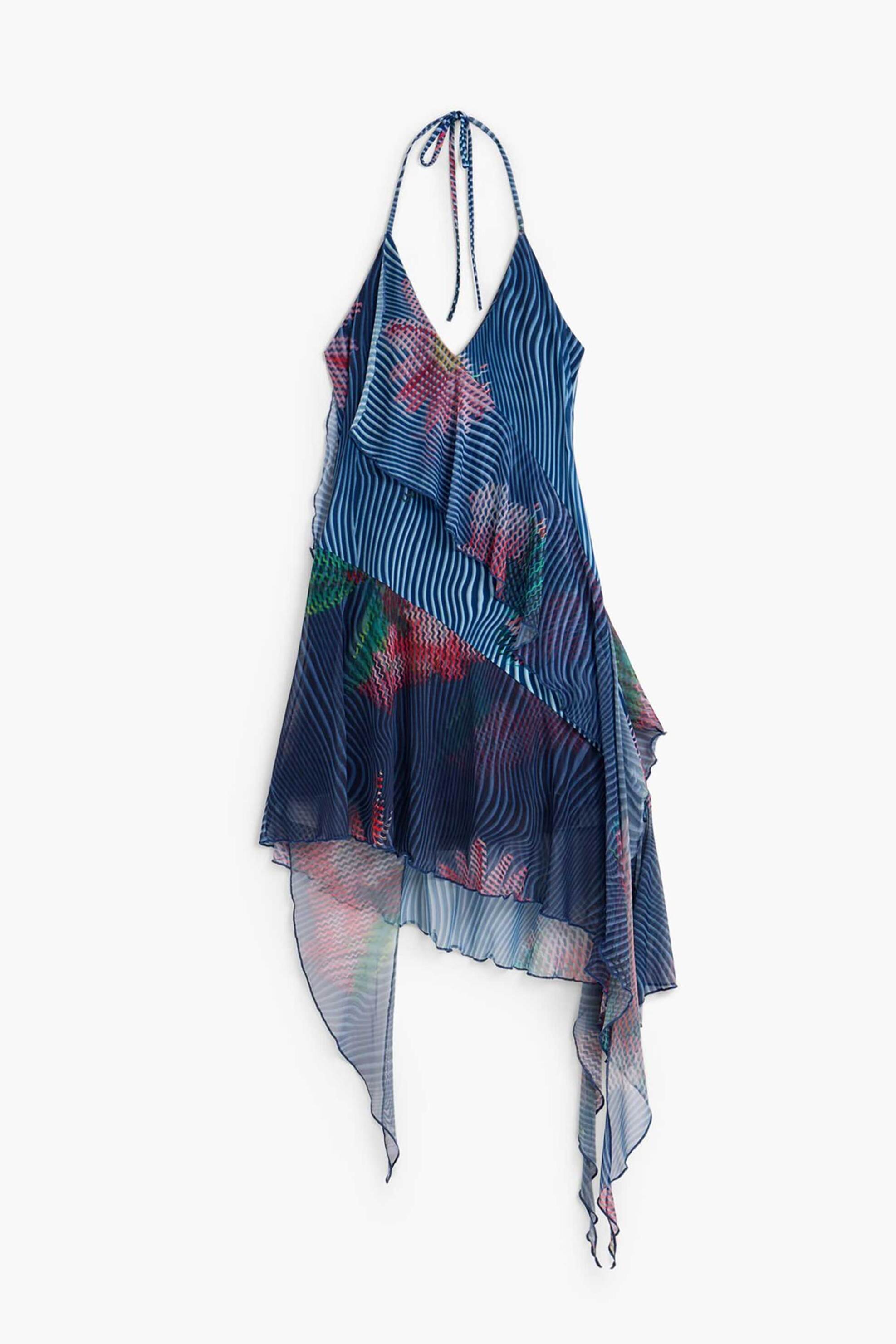 Desigual Γυναικείο Mini Αμάνικο Φόρεμα με All-Over Print Και Ασύμμετρο Τελείωμα Nora - 26Swvk36 Μπλε Σκούρο