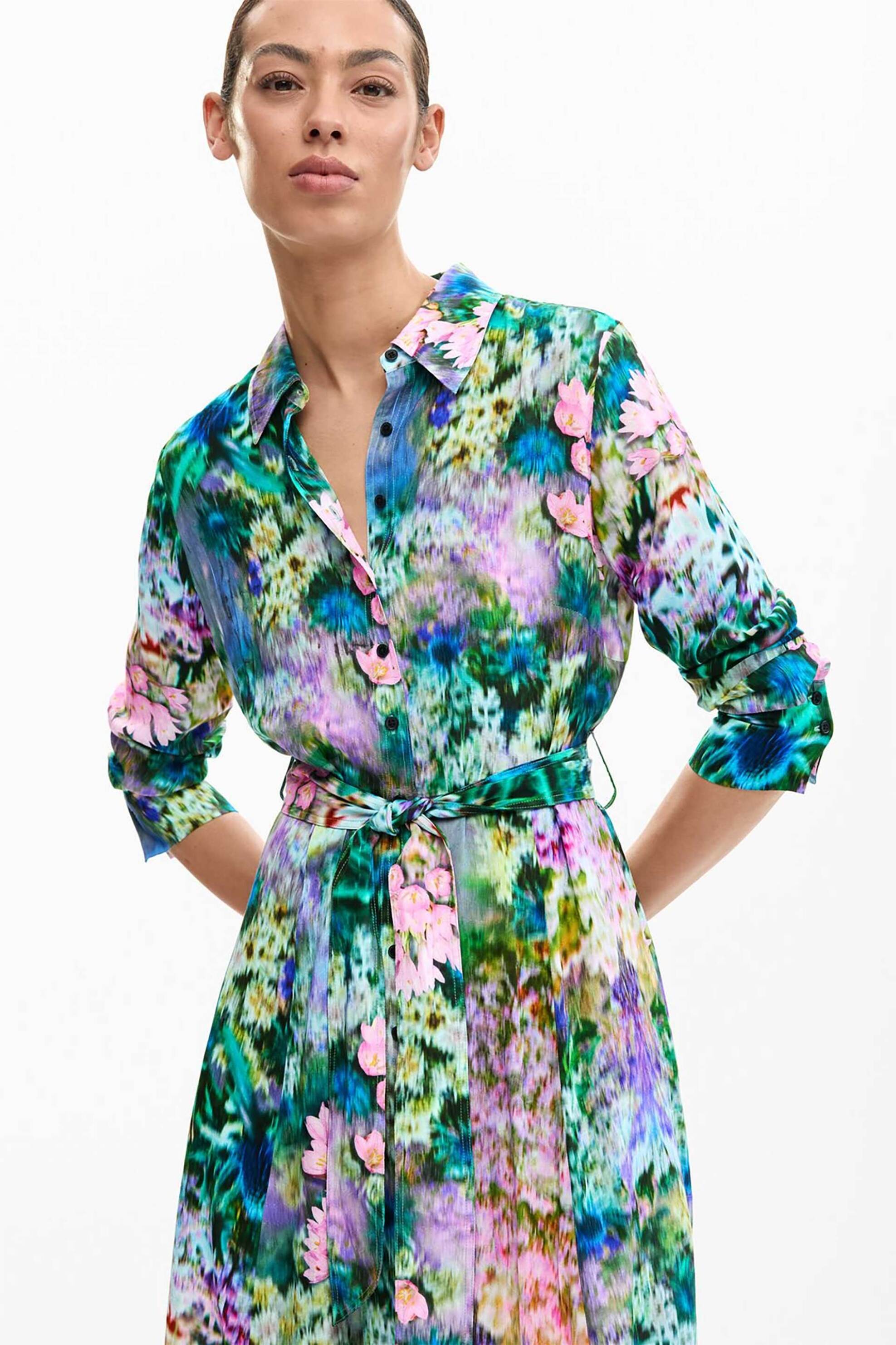 DESIGUAL Desigual γυναικείο midi φόρεμα σεμιζιέ με ζώνη και floral print Regular Fit "Μili" - 26SWVW13 Πράσινο Tropical - 2