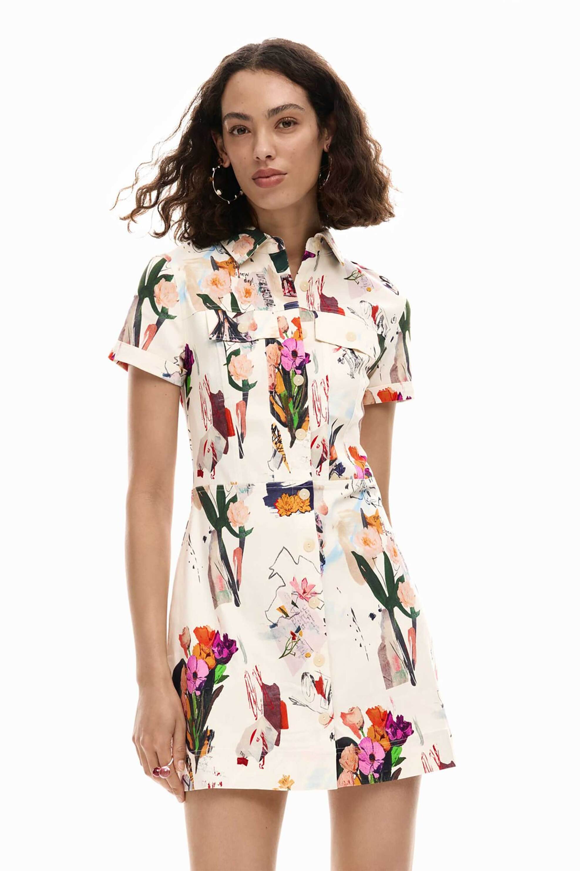 DESIGUAL Desigual γυναικείο mini φόρεμα σεμιζιέ με floral print "Fini" - 26SWVW48 Μπεζ - 2