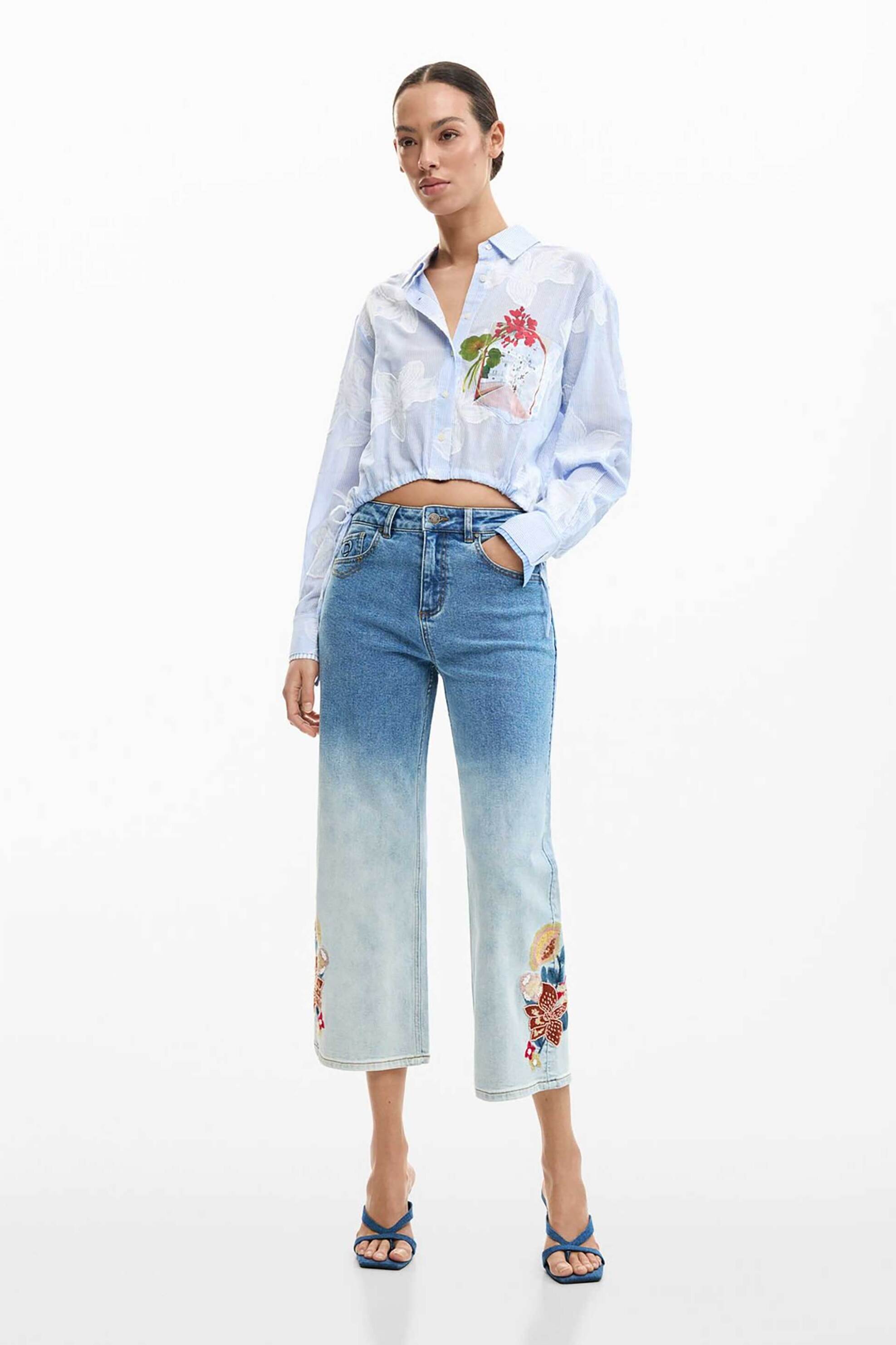 Desigual γυναικείo τζιν παντελόνι culotte με floral print "Coco" - 26SWDD20 Denim Blue