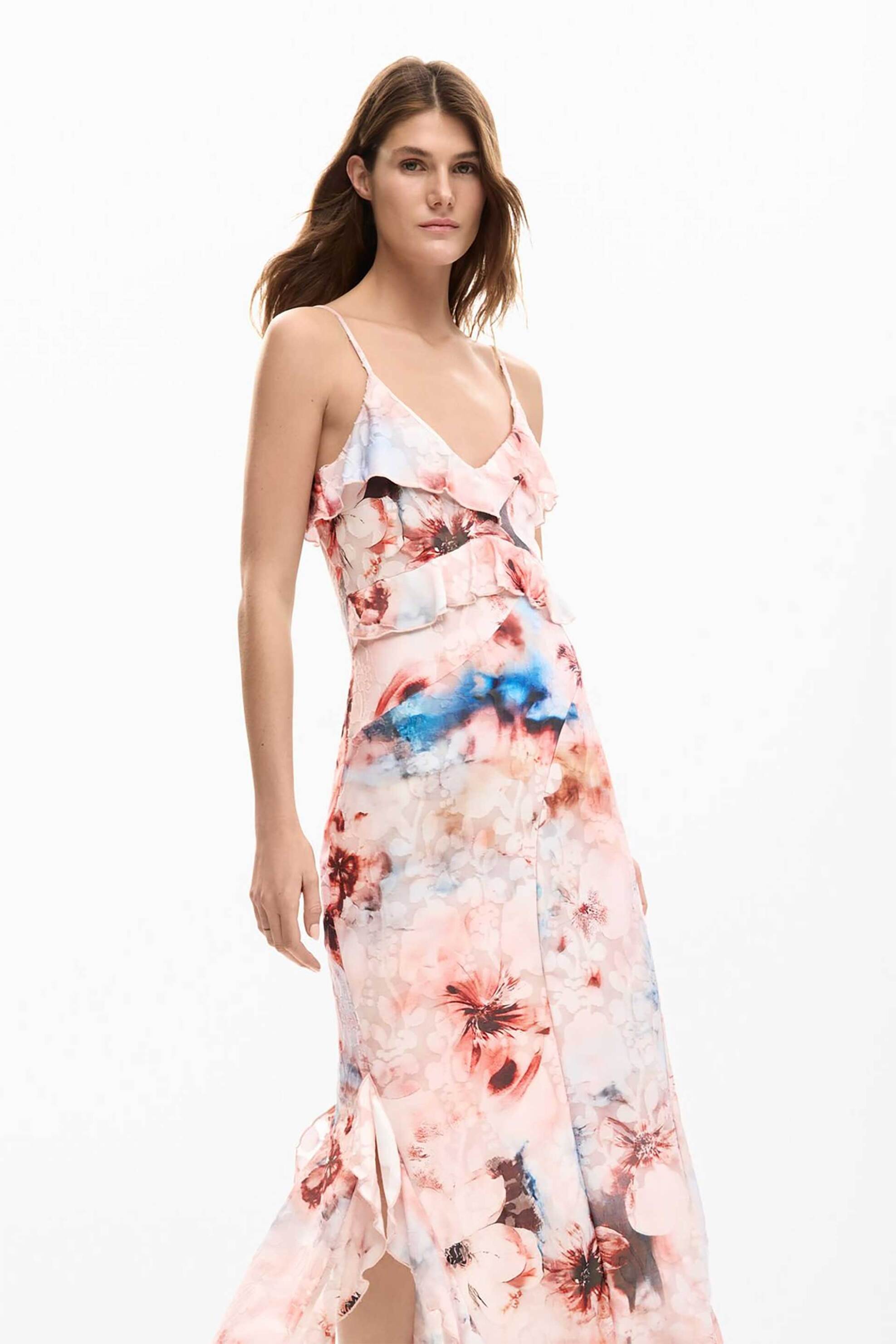 Desigual γυναικείο midi αμάνικο φόρεμα με floral print και ασύμμετρο τελείωμα 