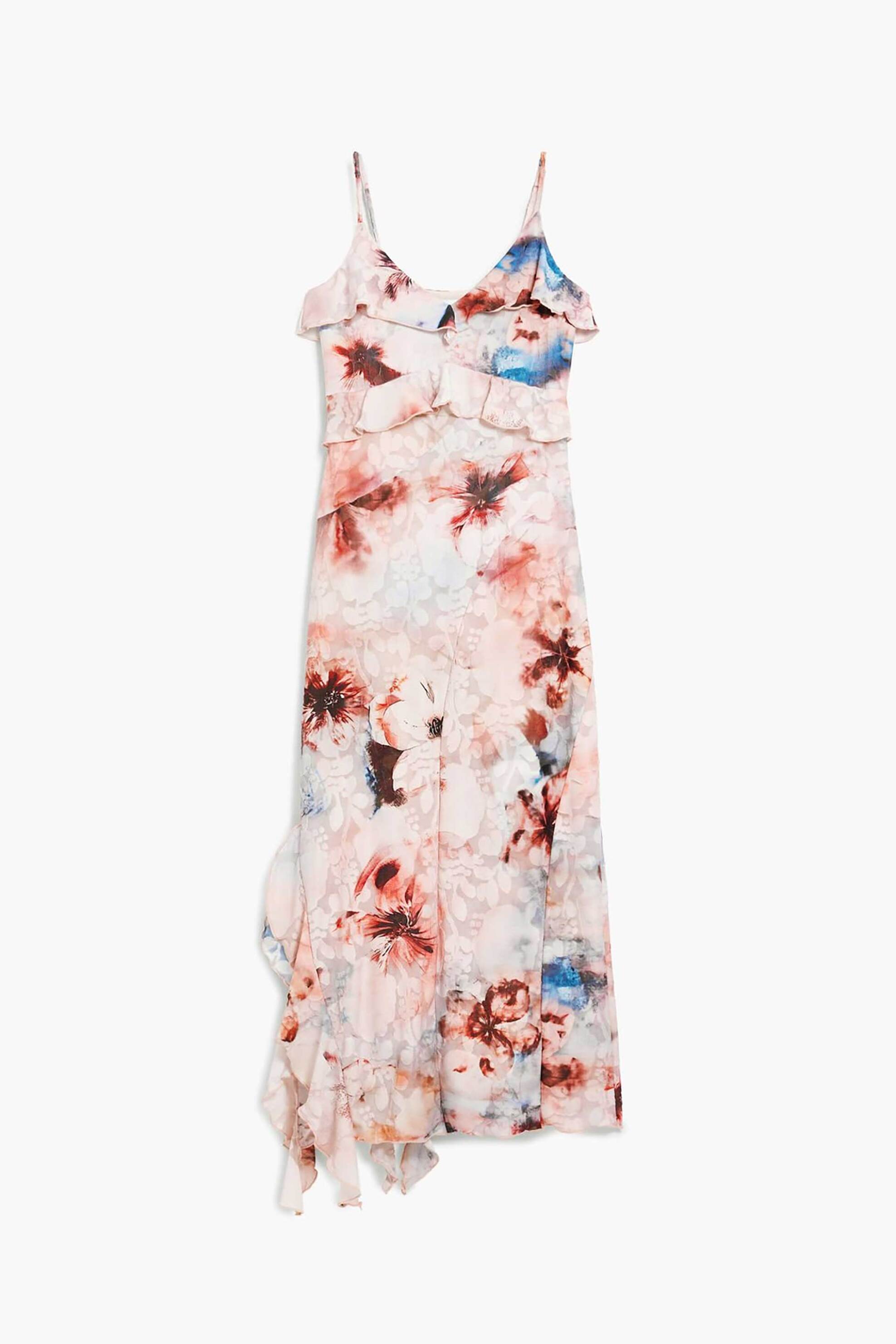 Desigual Γυναικείο Midi Αμάνικο Φόρεμα με Floral Print Και Ασύμμετρο Τελείωμα Mallo - 26Swvk35 Ροζ Ανοιχτό