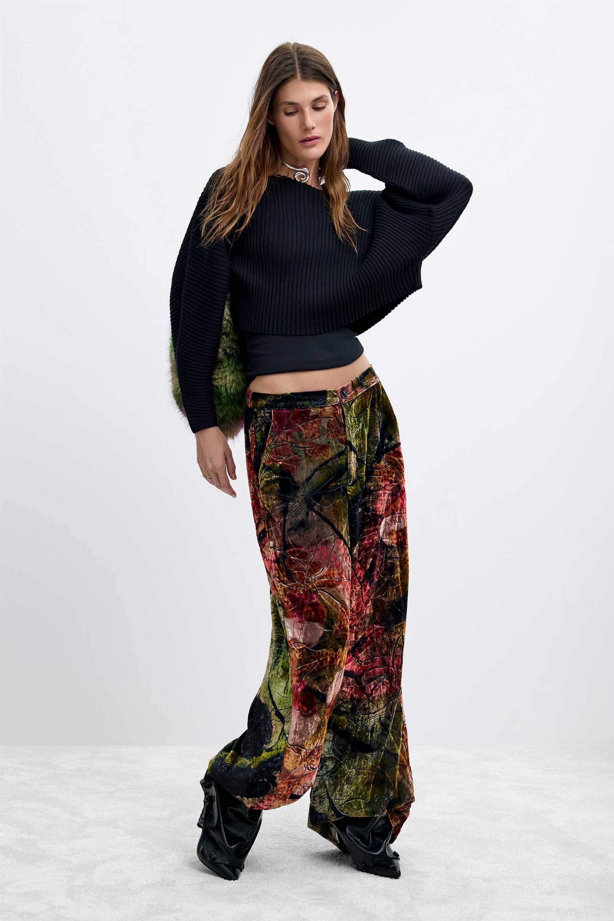 DESIGUAL Desigual γυναικείο παντελόνι βελούδινο σχέδιο "Orchid Lacroix" - 26WWPW16 Μπορντό