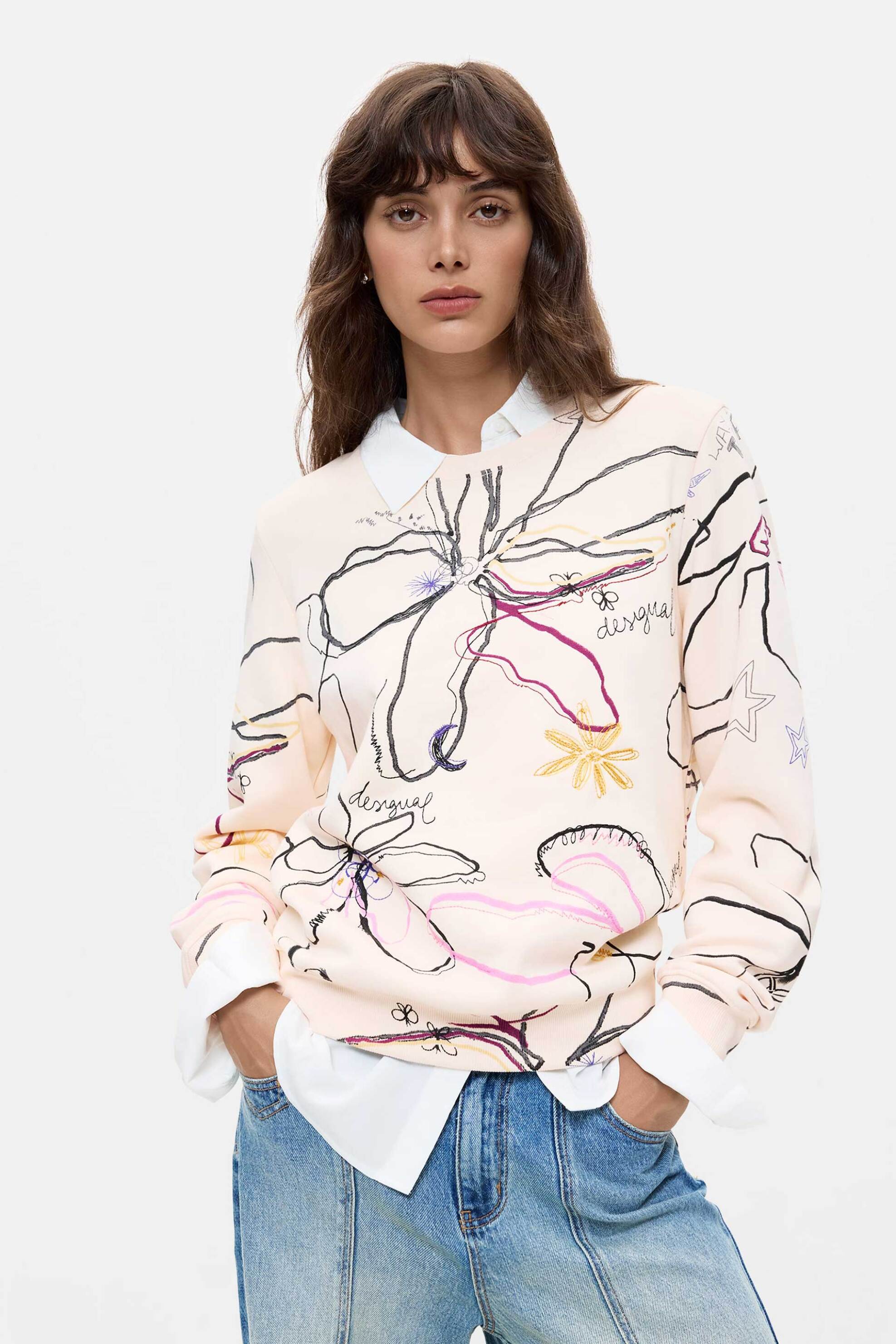 DESIGUAL Desigual γυναικεία μπλούζα φούτερ με φλοράλ τύπωμα "La Vida Es Chula" - 26WWSK06 Λευκό