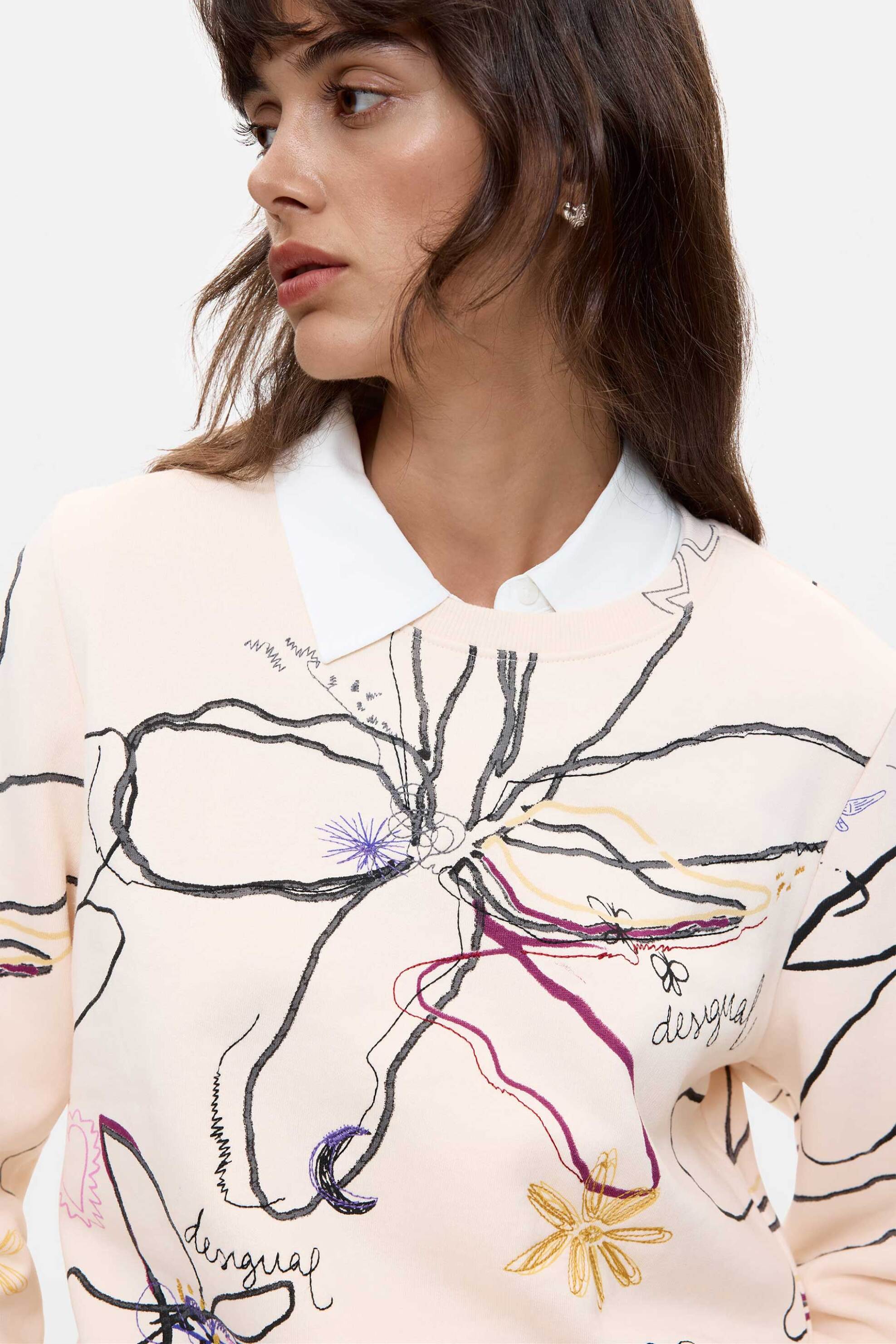 DESIGUAL Desigual γυναικεία μπλούζα φούτερ με φλοράλ τύπωμα "La Vida Es Chula" - 26WWSK06 Λευκό - 2