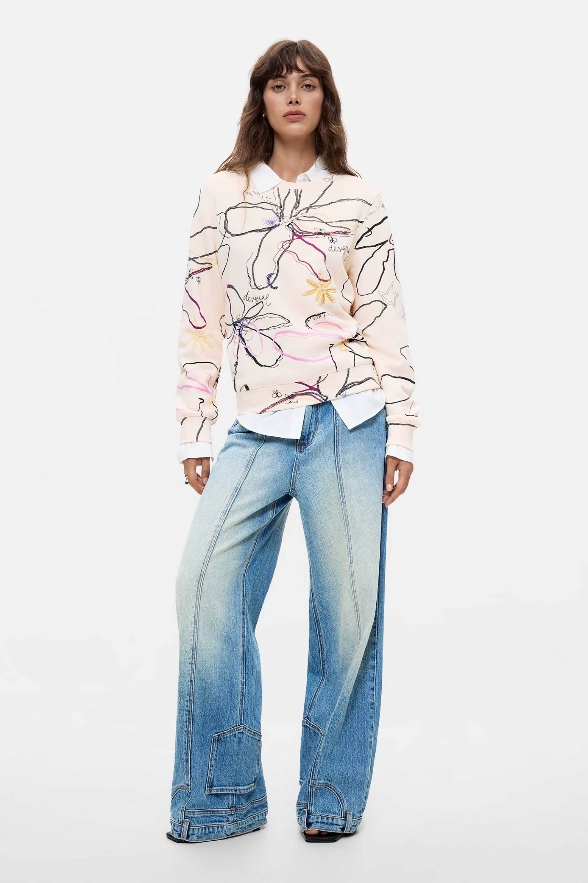 DESIGUAL Desigual γυναικεία μπλούζα φούτερ με φλοράλ τύπωμα "La Vida Es Chula" - 26WWSK06 Λευκό - 3