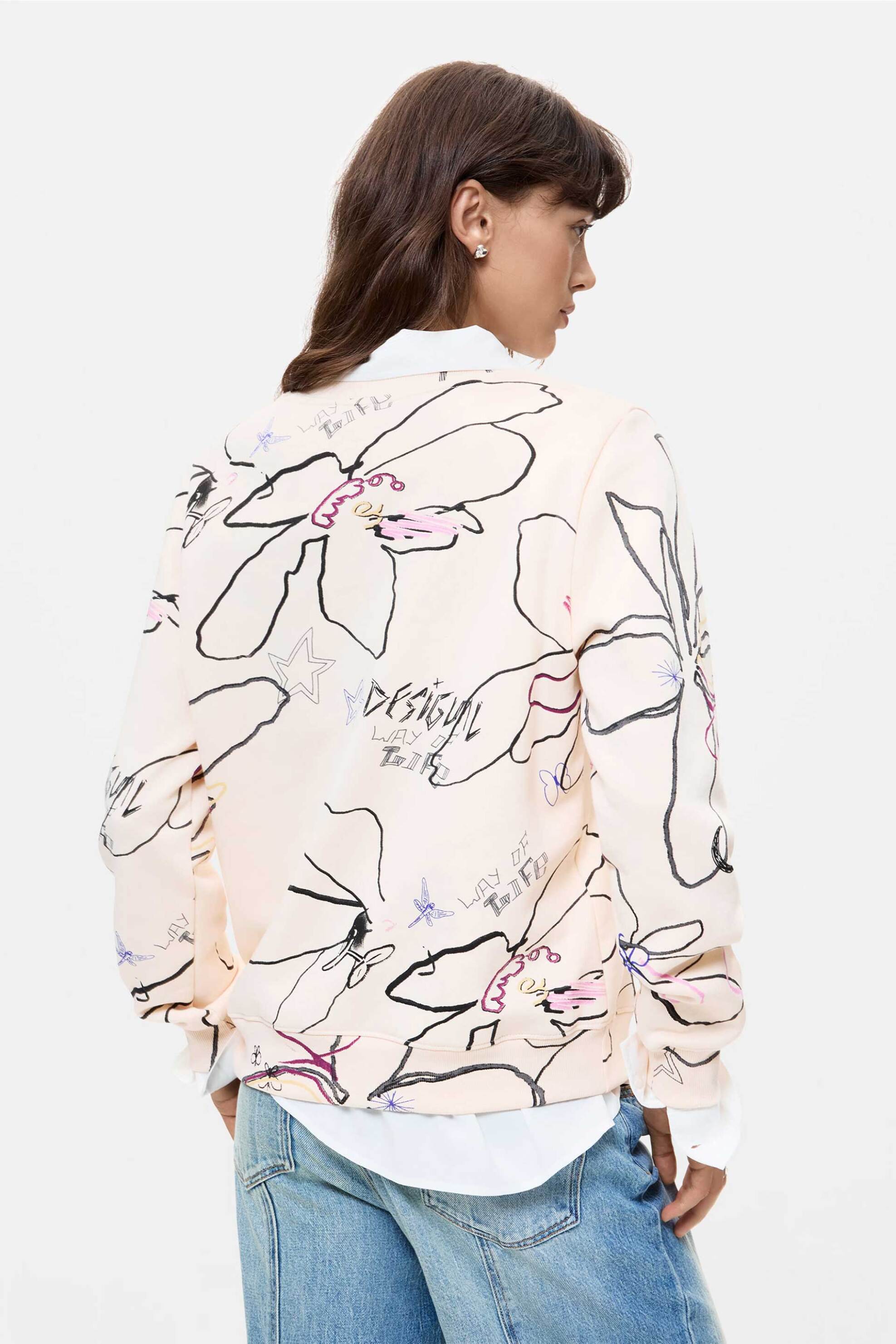 DESIGUAL Desigual γυναικεία μπλούζα φούτερ με φλοράλ τύπωμα "La Vida Es Chula" - 26WWSK06 Λευκό - 4