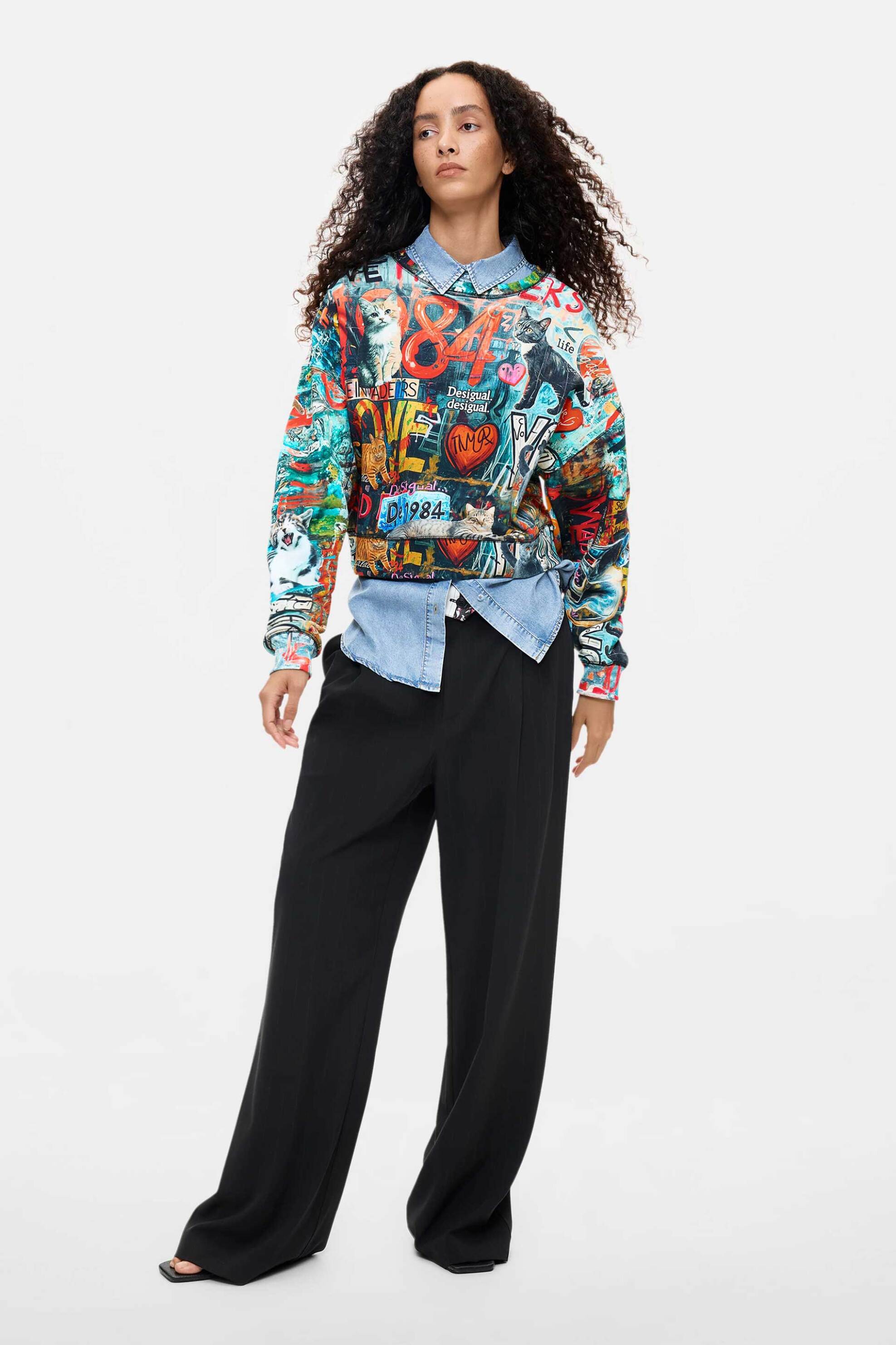 DESIGUAL Desigual γυναικεία μπλούζα φούτερ εμπριμέ "Cats" - 26WWSK07 Πολύχρωμο - 3