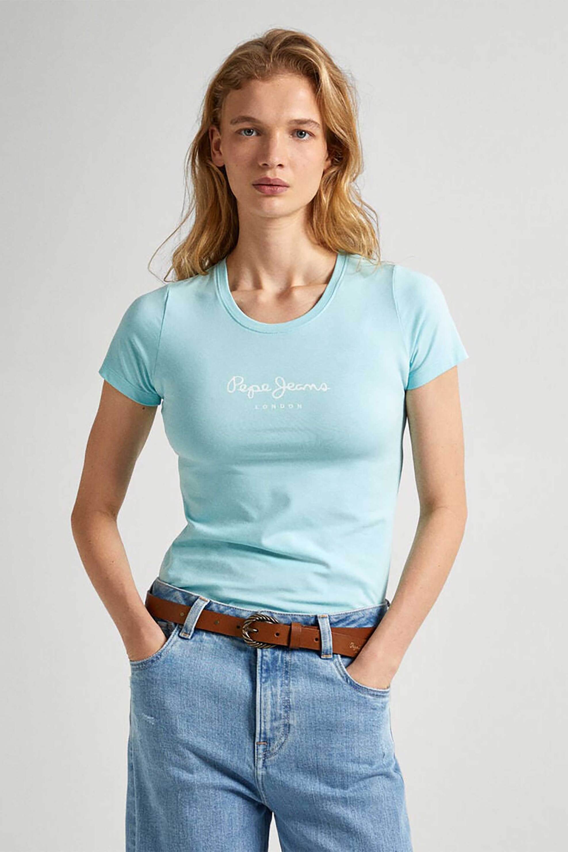 Γυναικεία Ρούχα & Αξεσουάρ > Γυναικεία Ρούχα > Γυναικεία Τοπ > Γυναικεία T-Shirts Pepe Jeans γυναικείο T-shirt μονόχρωμο με logo print - PL505202 Τυρκουάζ