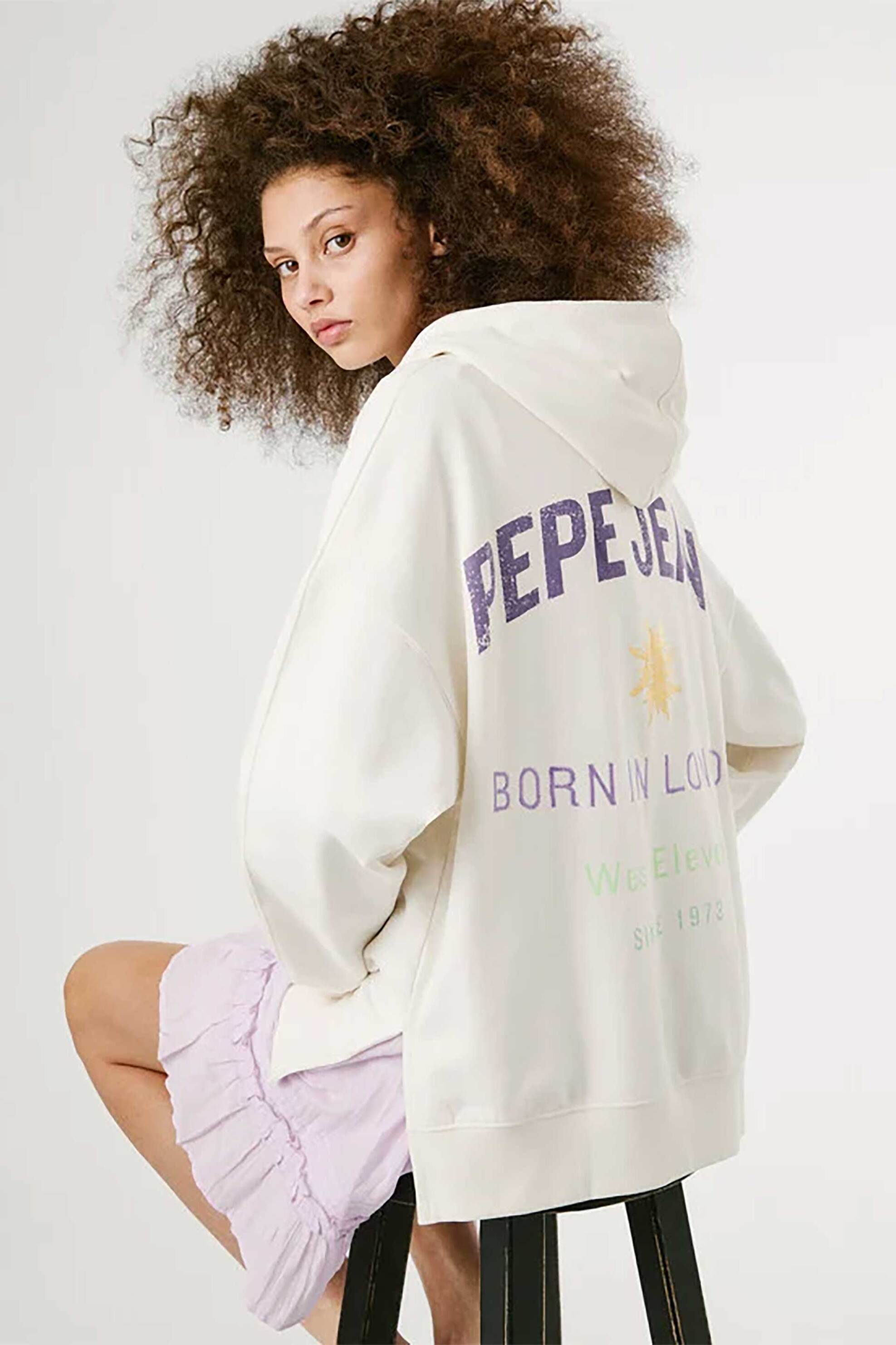 Pepe Jeans γυναικεία μπλούζα φούτερ με κουκούλα και logo print "Angy" - PL581526 Εκρού φωτογραφία