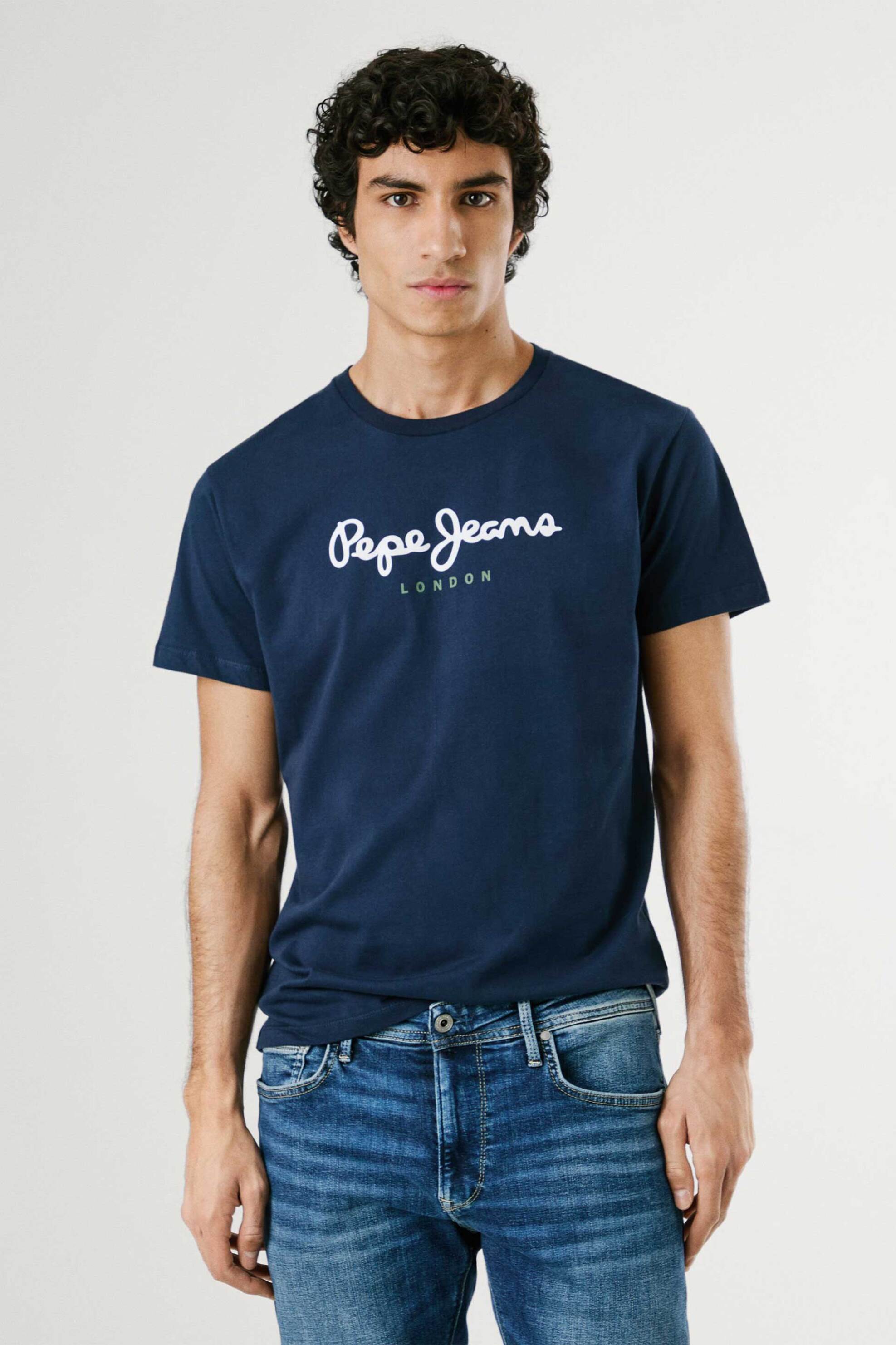 Pepe Jeans ανδρικό T-shirt μονόχρωμο με στρογγυλή λαιμόκοψη και logo print "Eggo" - PM508208 Μπλε Σκούρο