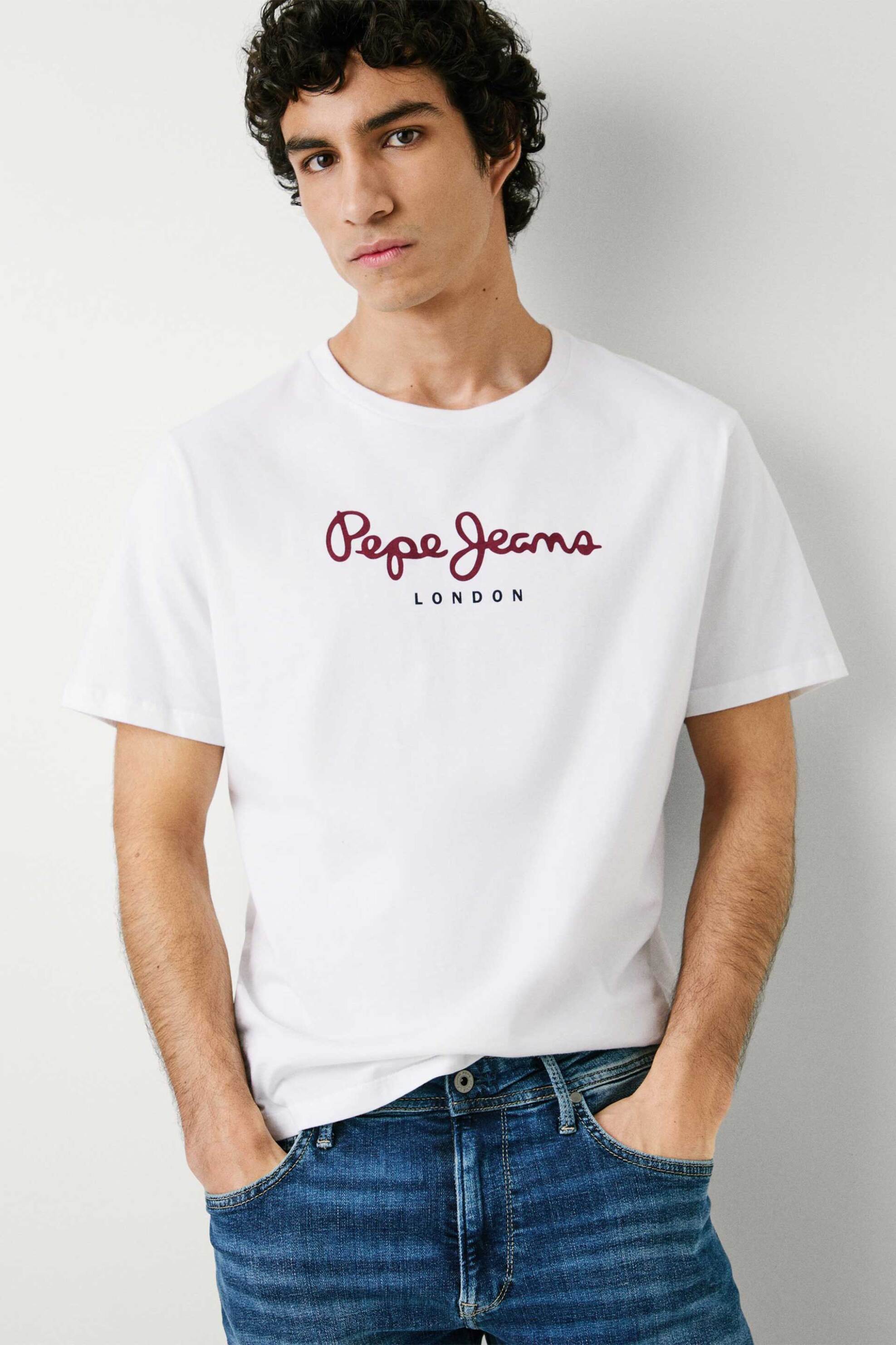 Pepe Jeans ανδρικό T-shirt μονόχρωμο με στρογγυλή λαιμόκοψη και logo print "Eggo" - PM508208 Λευκό