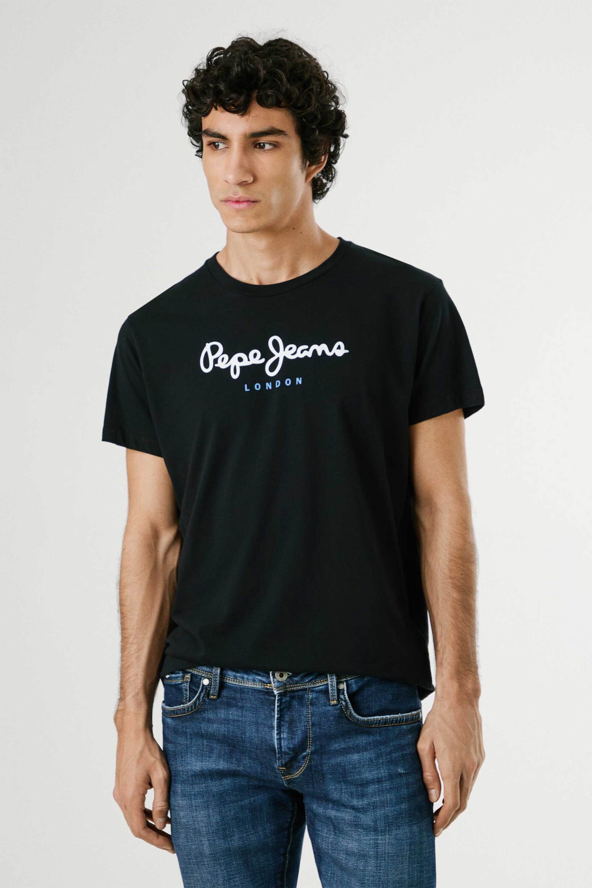 Pepe Jeans ανδρικό T-shirt μονόχρωμο με στρογγυλή λαιμόκοψη και logo print "Eggo" - PM508208 Μαύρο