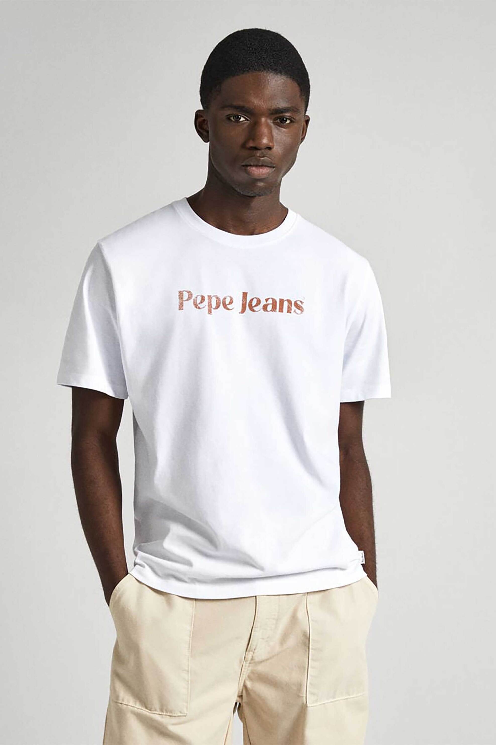 Ανδρική Μόδα > Ανδρικά Ρούχα > Ανδρικές Μπλούζες > Ανδρικά T-Shirts Pepe Jeans ανδρικό T-shirt μονόχρωμο βαμβακερό με contrast logo print μπροστά - PM509374 Λευκό
