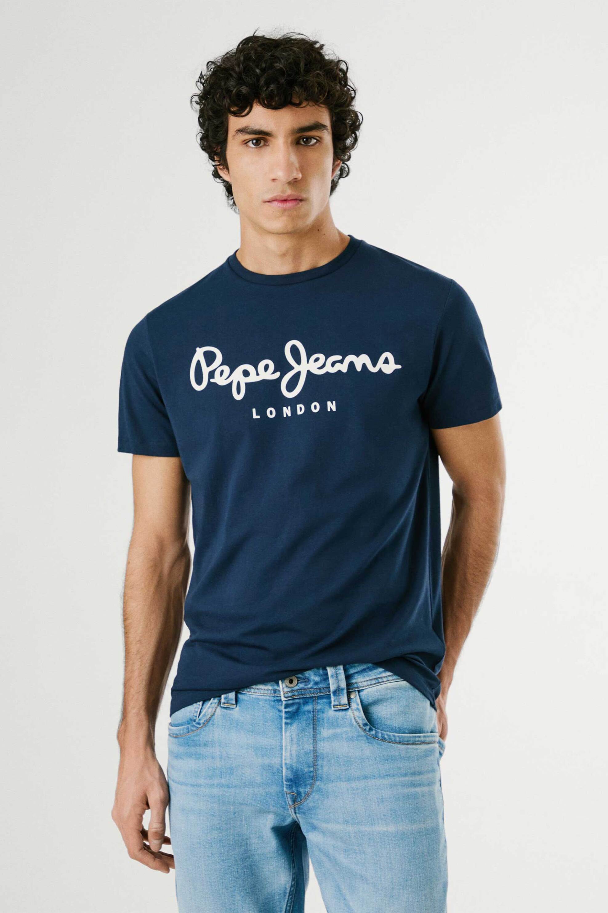 Pepe Jeans ανδρικό T-shirt μονόχρωμο με logo print "Nos" - PM508210 Μπλε Σκούρο