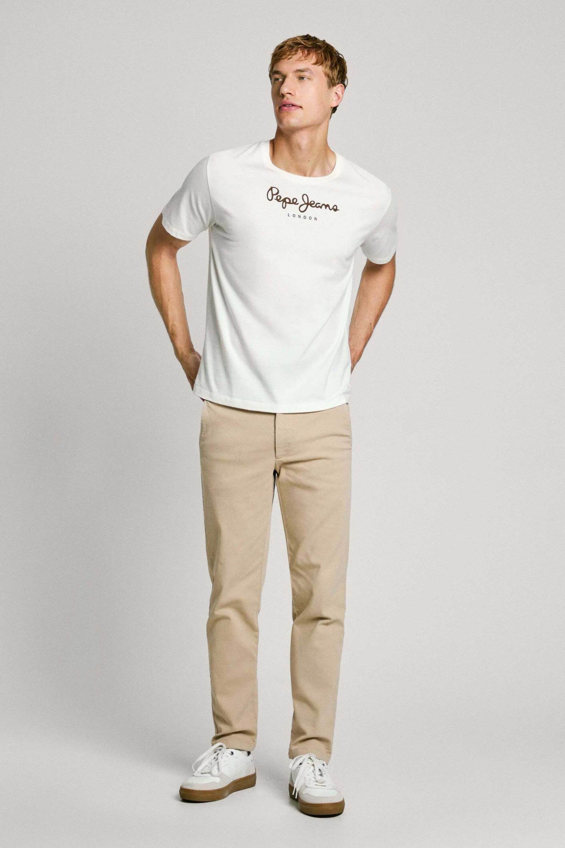 Pepe Jeans ανδρικό παντελόνι μονόχρωμο με λογότυπο Regular Fit - PM211763 Μπεζ