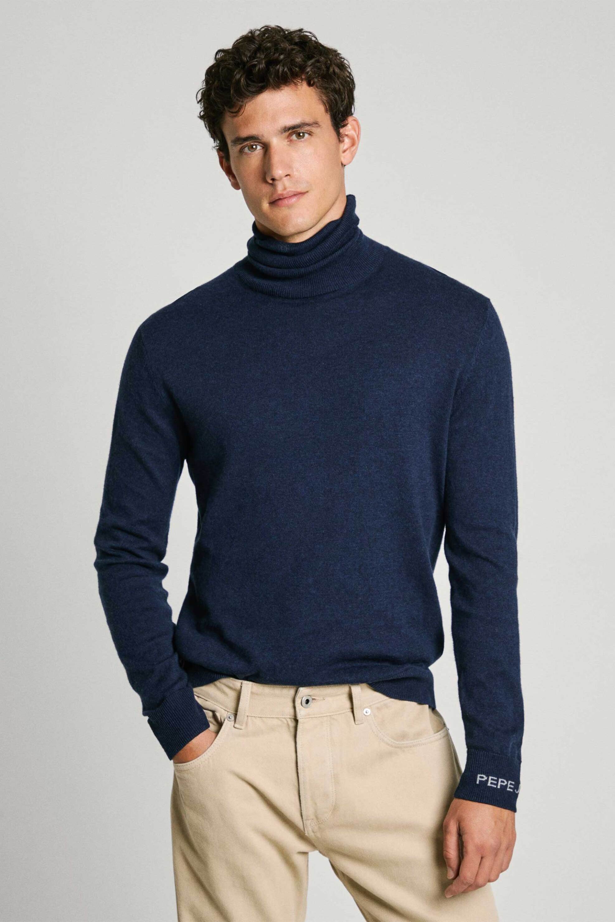 Pepe Jeans ανδρική πλεκτή μπλούζα ζιβάγκο μονόχρωμη Regular Fit "New Andre" - PM702470 Μπλε Σκούρο