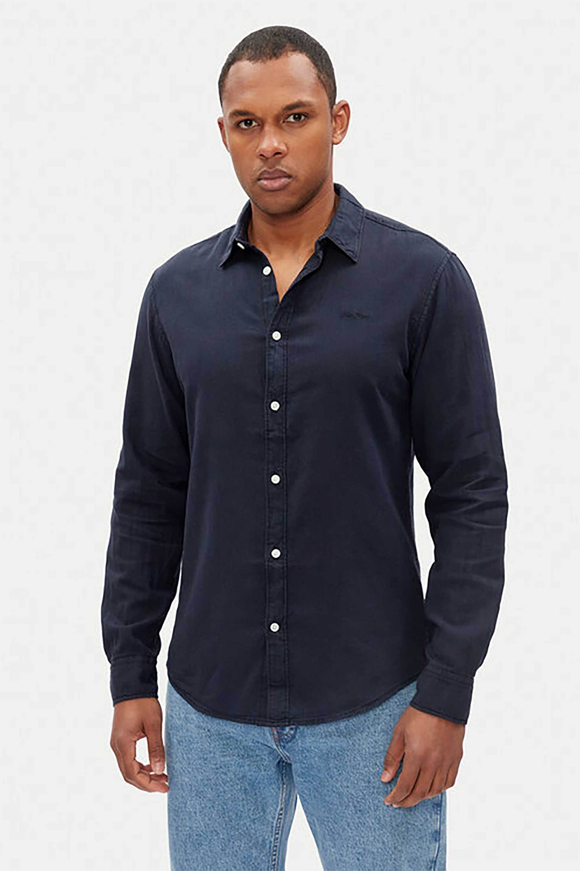 Pepe Jeans ανδρικό λινό πουκάμισο μονόχρωμο Regular Fit - PM308844 Μπλε Σκούρο