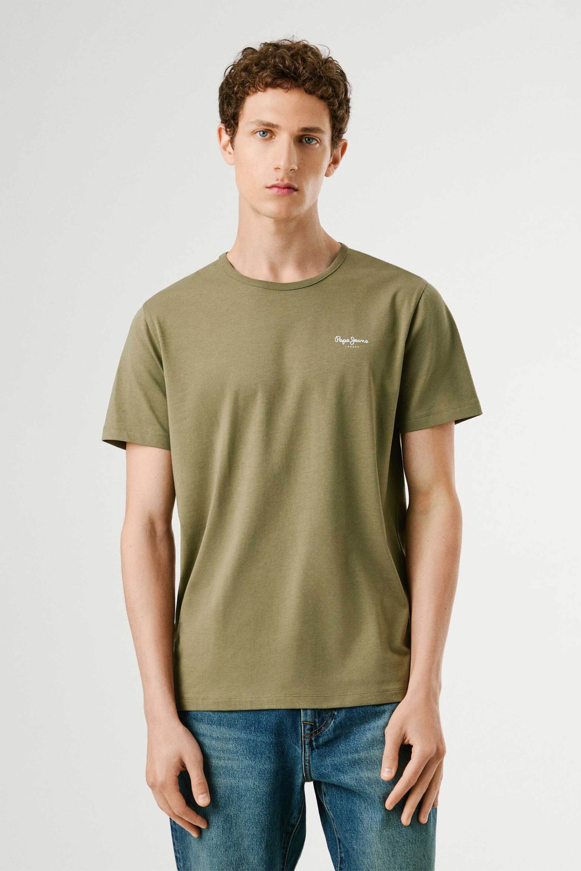 Pepe Jeans ανδρικό T-shirt μονόχρωμο με logo print Slim Fit - PM5010133 Χακί