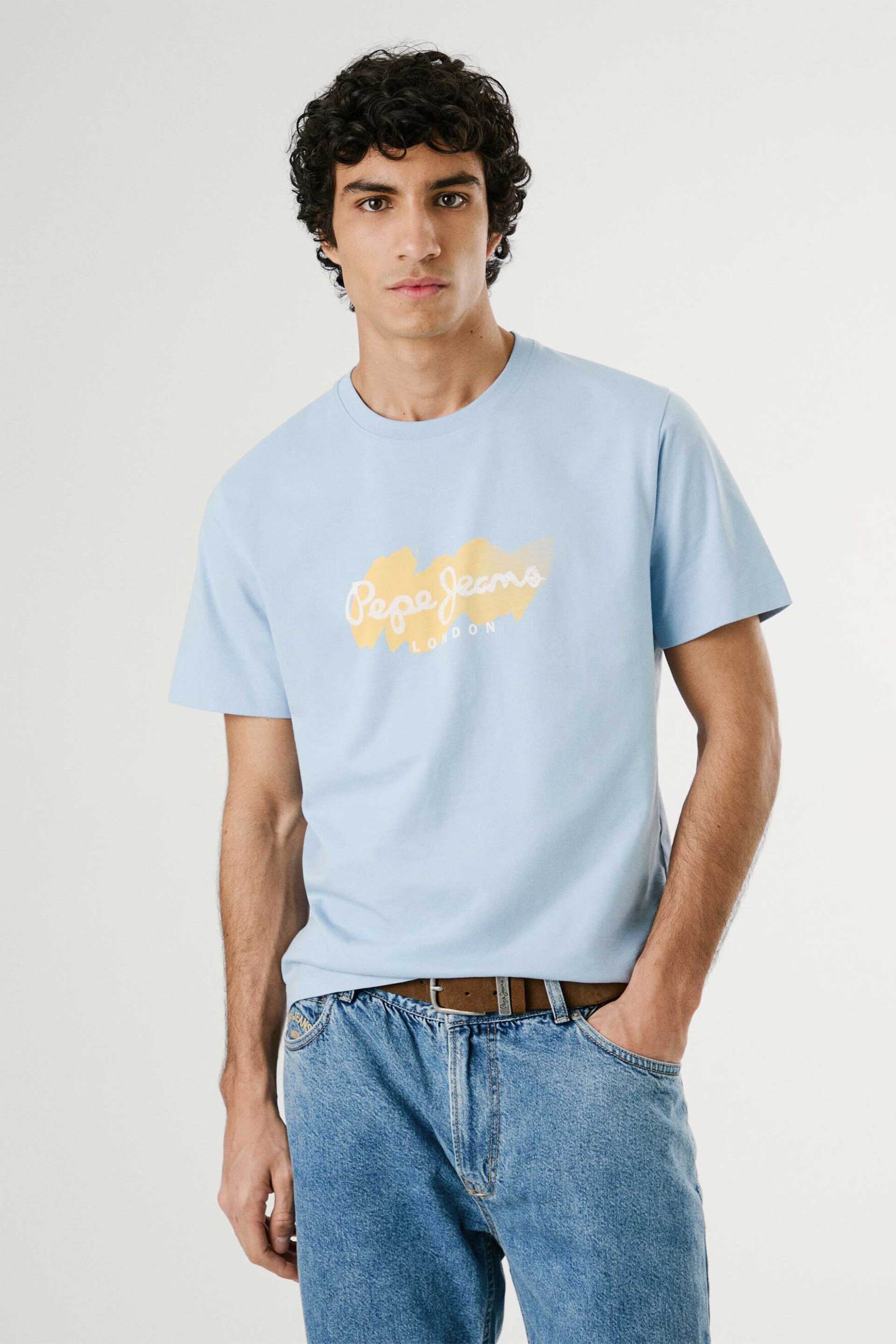 Pepe Jeans ανδρικό T-shirt μονόχρωμο με logo print "Milton" - PM509959 Μπλε