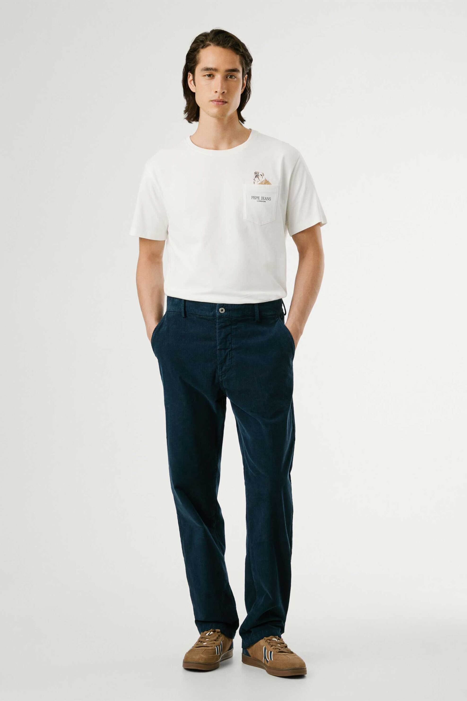 Pepe Jeans ανδρικό chino παντελόνι κοτλέ με logo patch - PM2100003 Μπλε Σκούρο