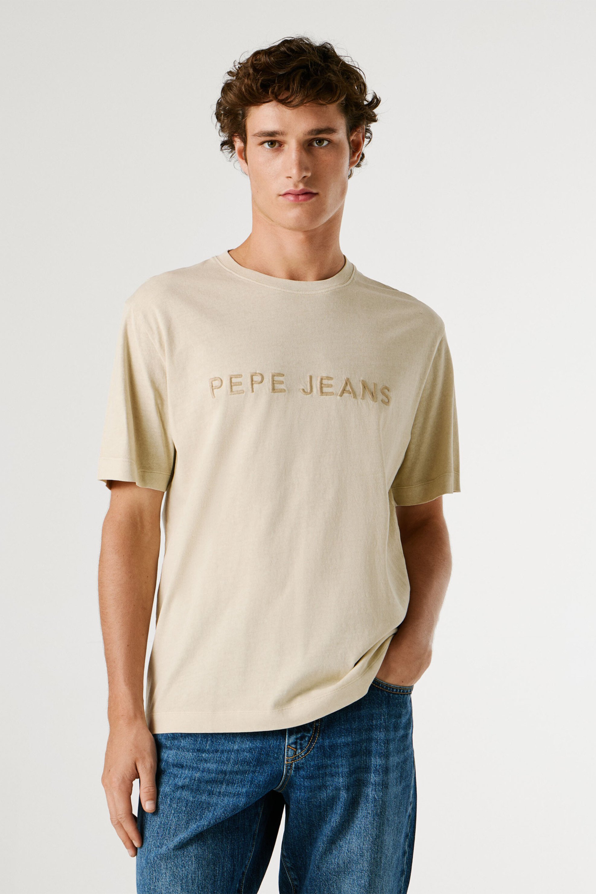 Pepe Jeans ανδρικό T-shirt μονόχρωμο με logo print "Meyer" - PM5010162 Μπεζ