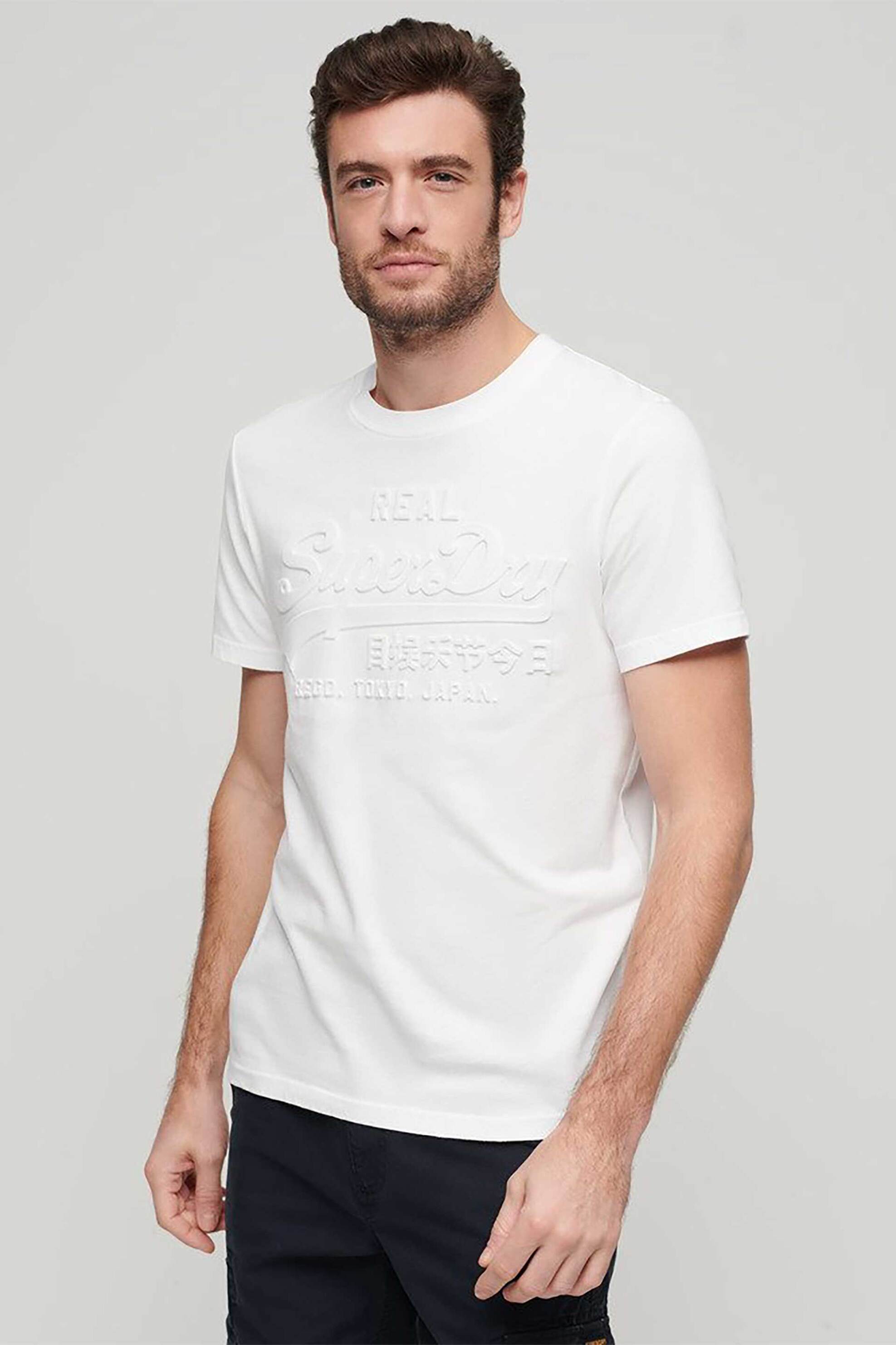 Superdry ανδρικό T-shirt μονόχρωμο βαμβακερό με ανάγλυφο tone-on-tone λογότυπο - M1011908A Λευκό