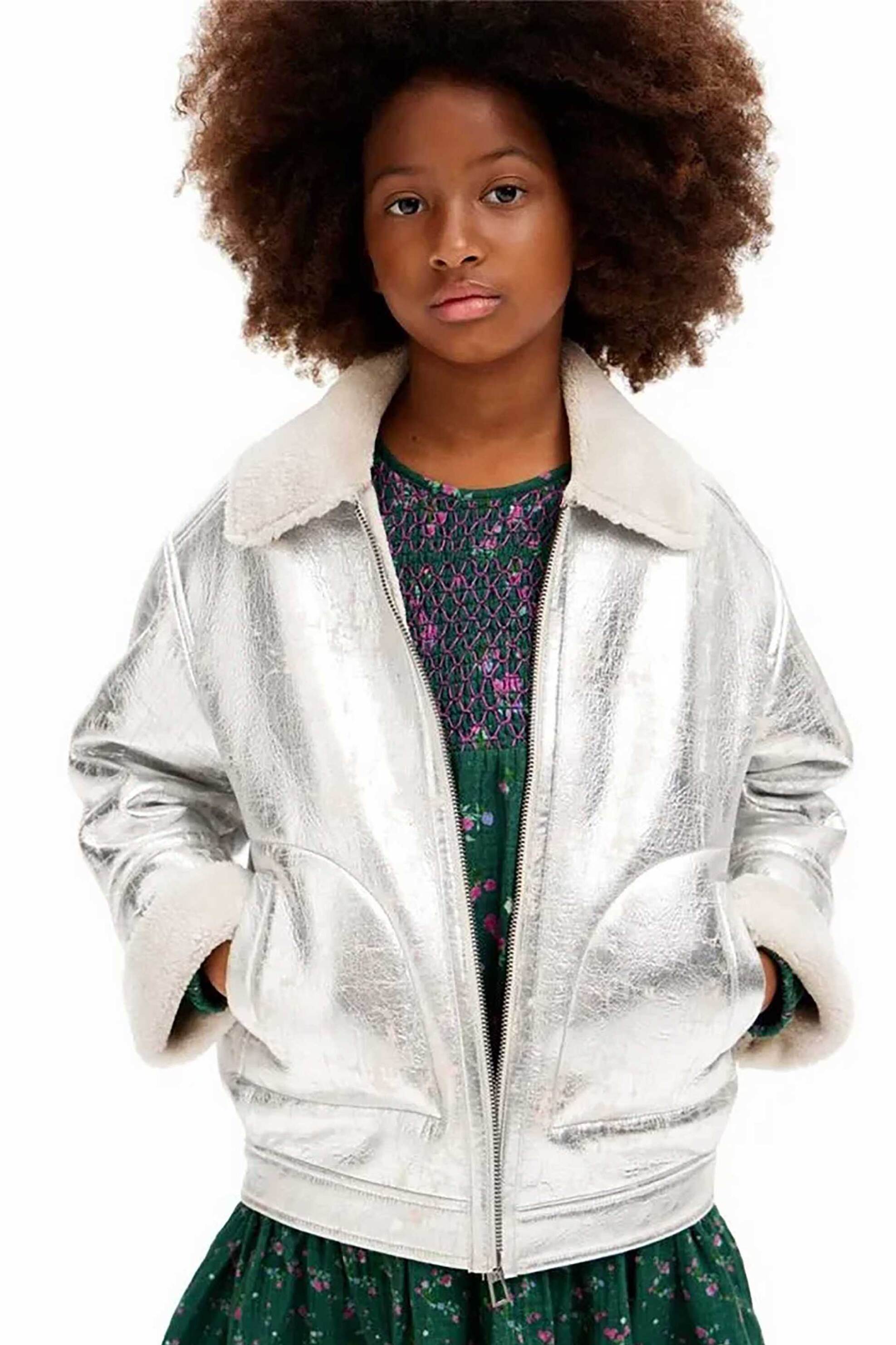 Desigual παιδικό μπουφάν μεταλλιζέ με λεπτομέρειες απο faux γούνα - 24WGEW11 Ασημί