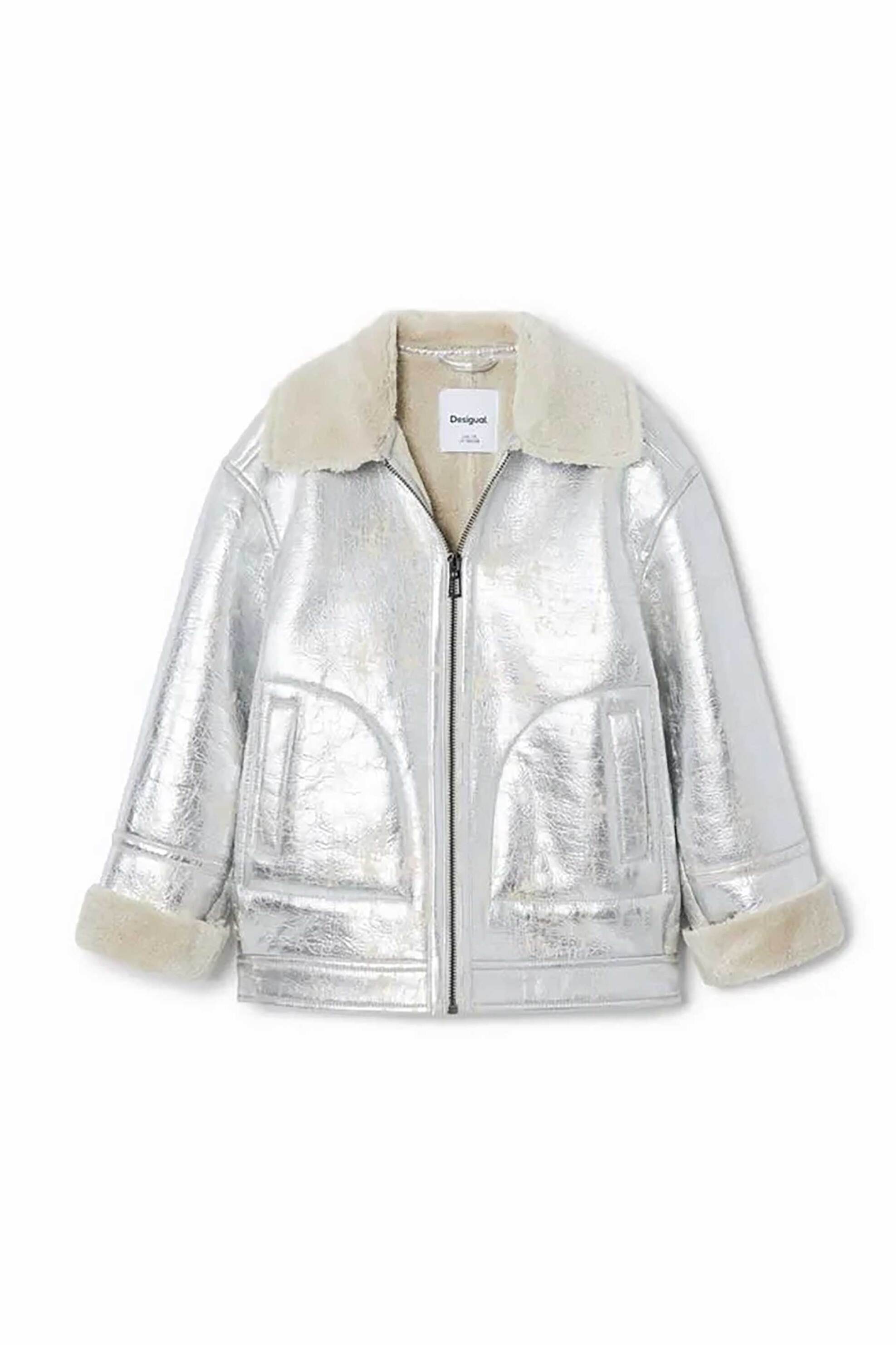 Desigual παιδικό μπουφάν μεταλλιζέ με λεπτομέρειες απο faux γούνα - 24WGEW11 Ασημί φωτογραφία