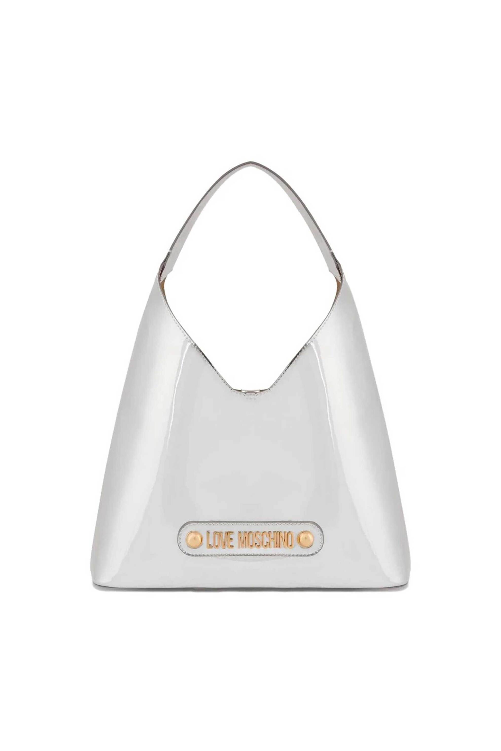 Love Moschino γυναικεία τσάντα ώμου με μεταλλικό λογότυπο και γυαλιστερή όψη - JC4134PP1OLP0 Ασημί