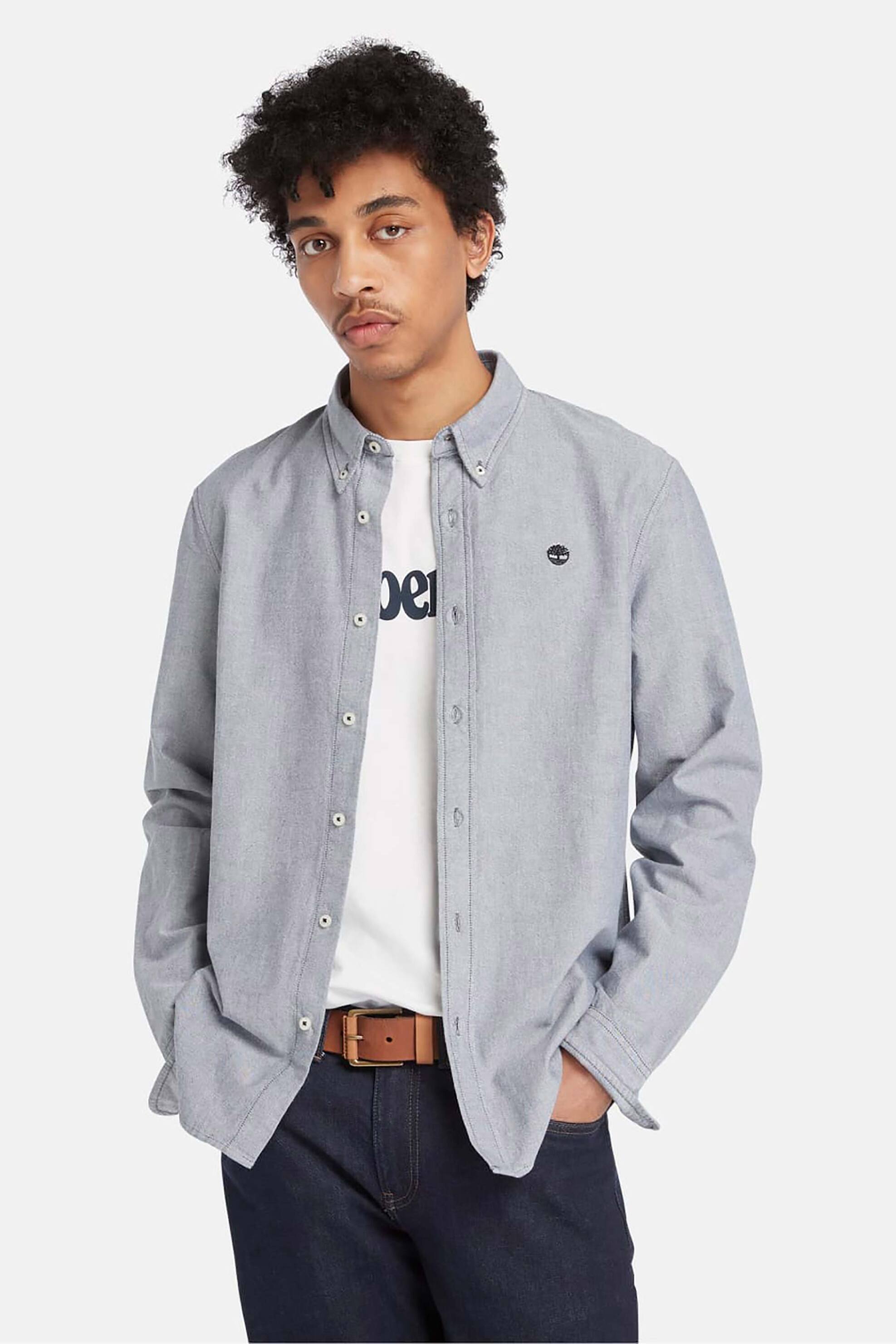 TIMBERLAND Timberland ανδρικό πουκάμισο Oxford μονόχρωμο με κεντημένο έμβλημα - TB0A6GPNB681 Γκρι Γαλάζιο